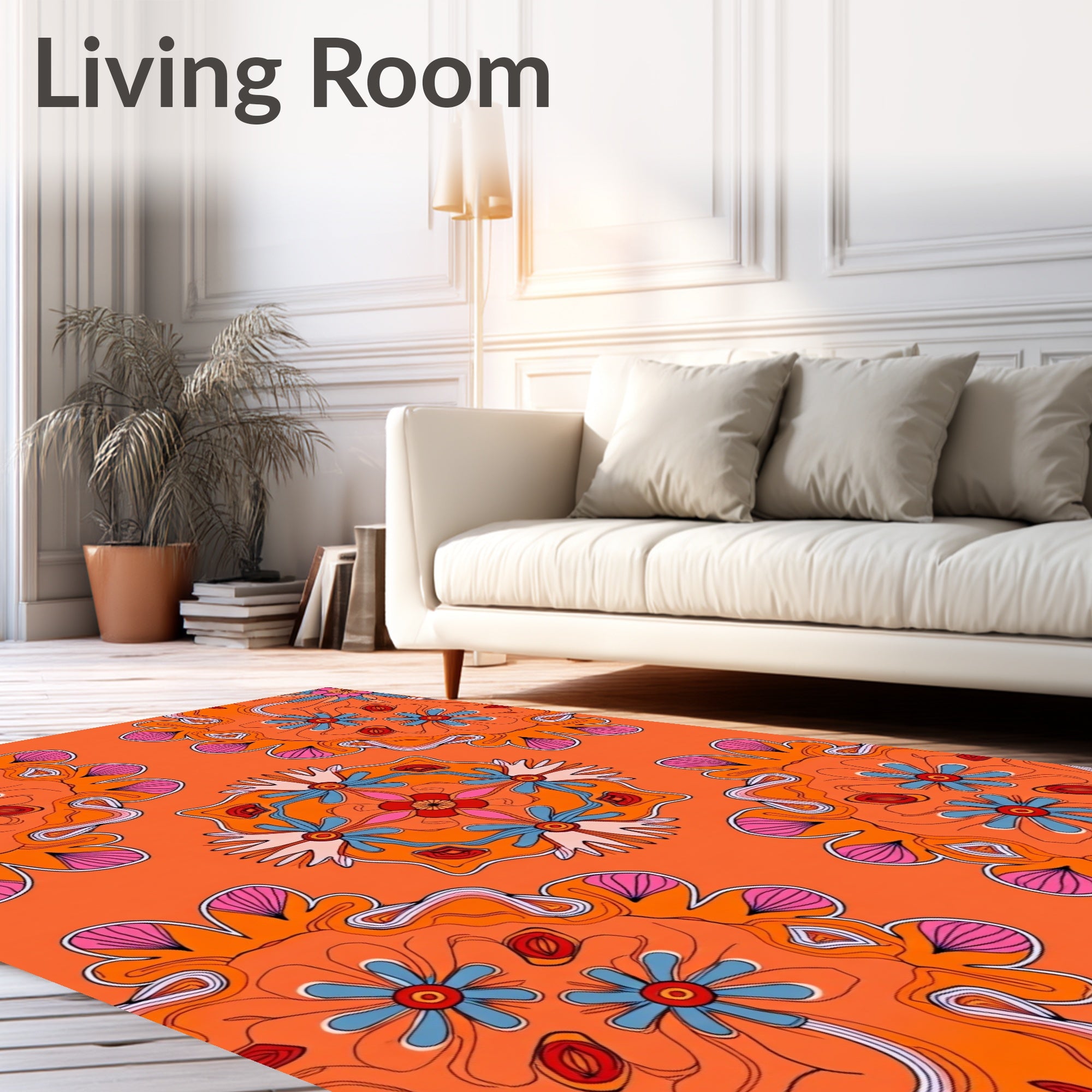 Retro Orange Floral Mandala Statement Rug