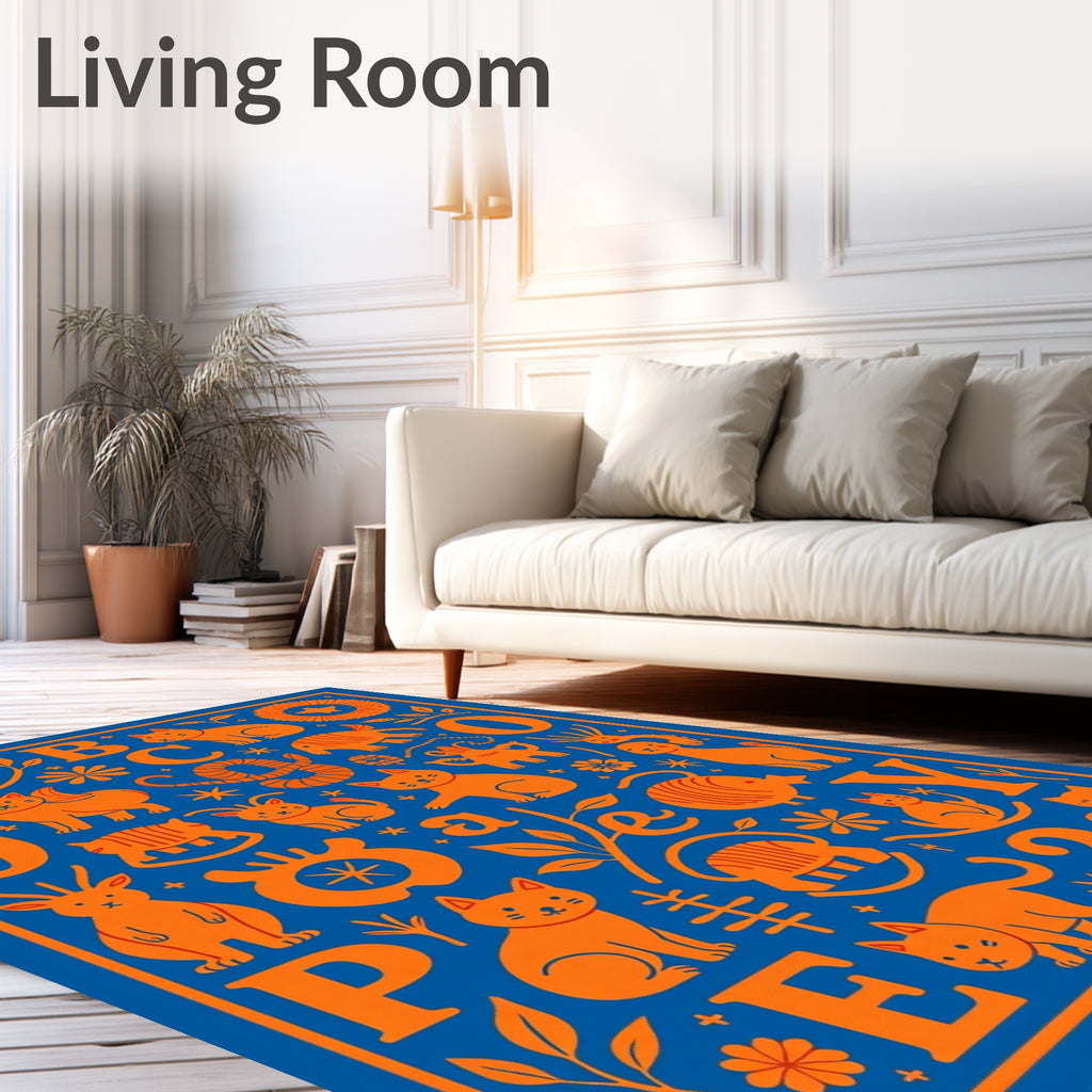 Whimsical Orange Animals Alphabet Collage Rug
