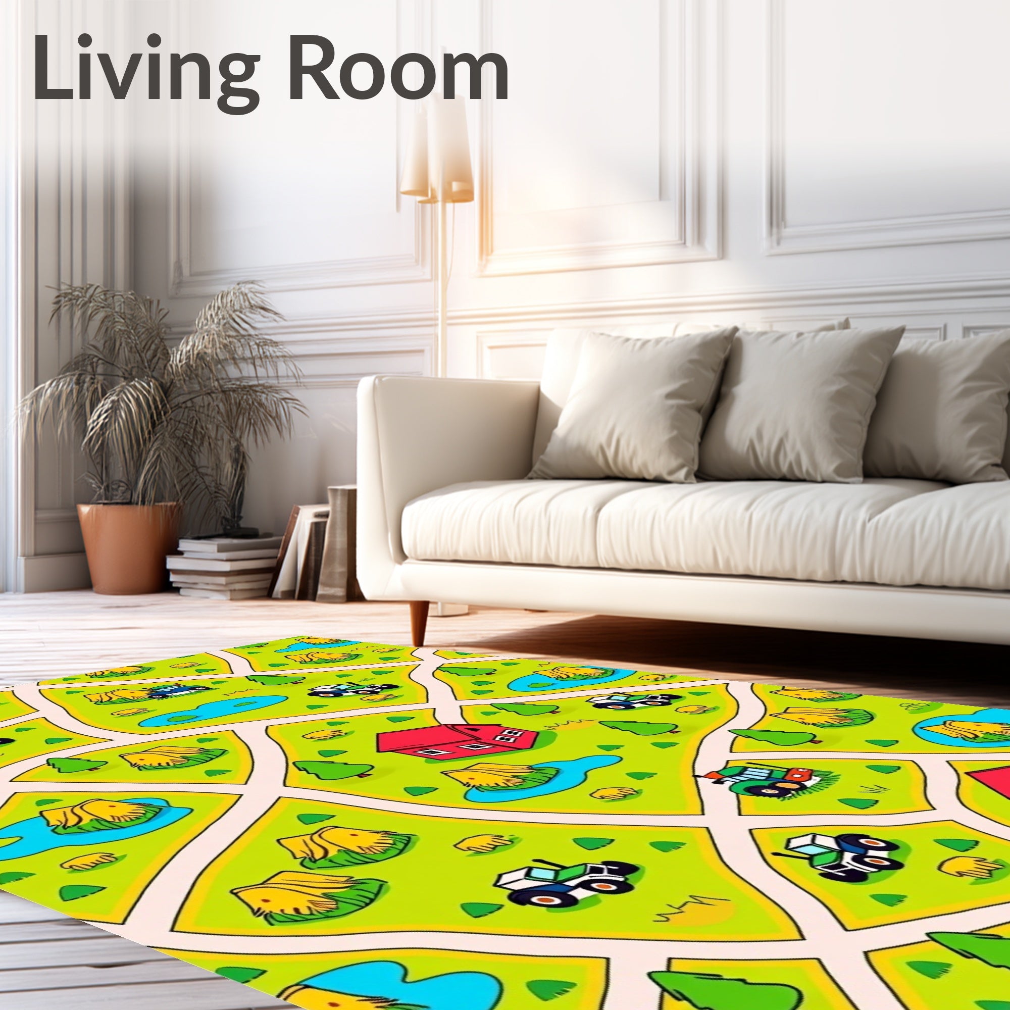 Whimsical Farm Landscape Tractors and Houses Rug