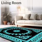 Turquoise Black Ornamental Medallion Frame Rug