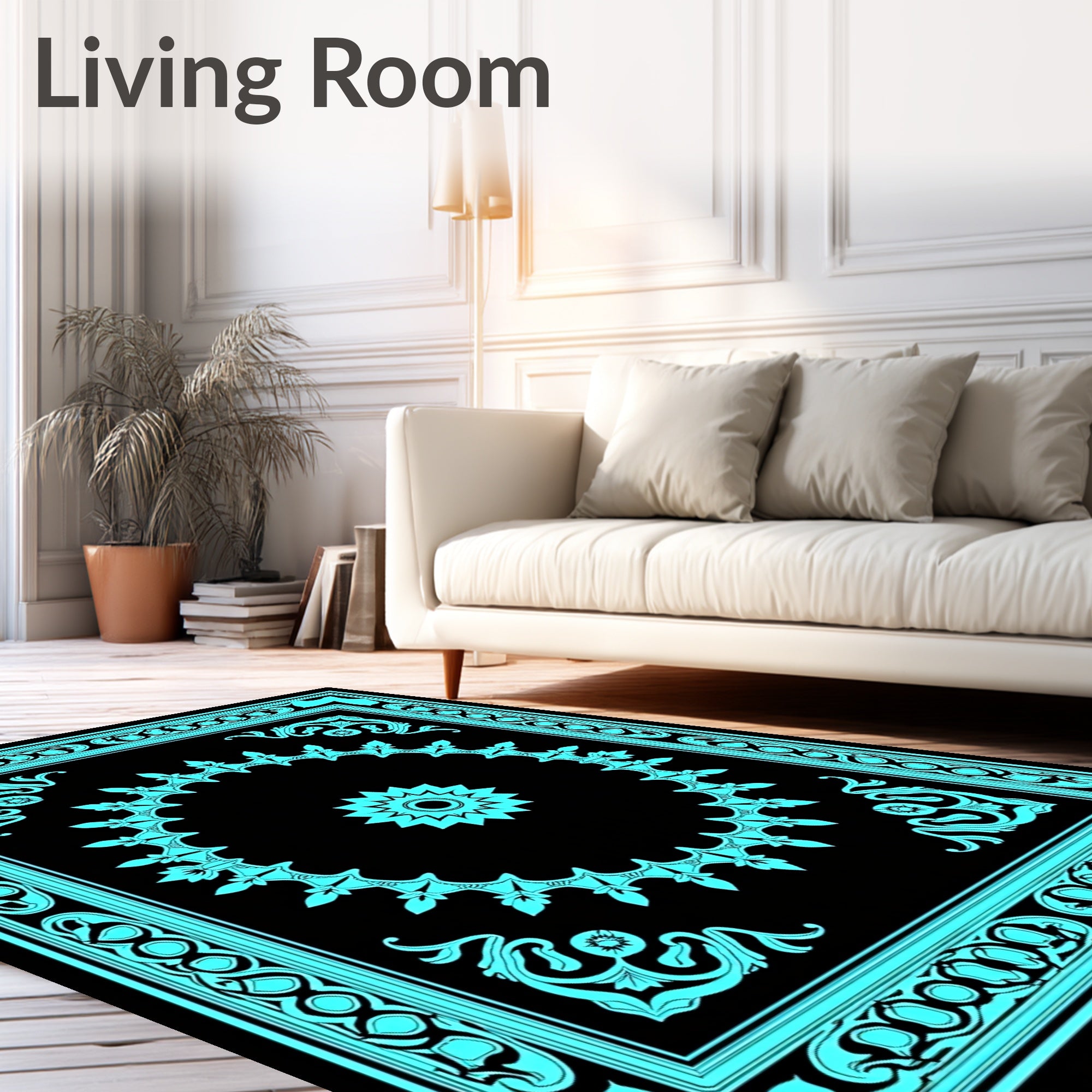 Turquoise Black Ornamental Medallion Frame Rug