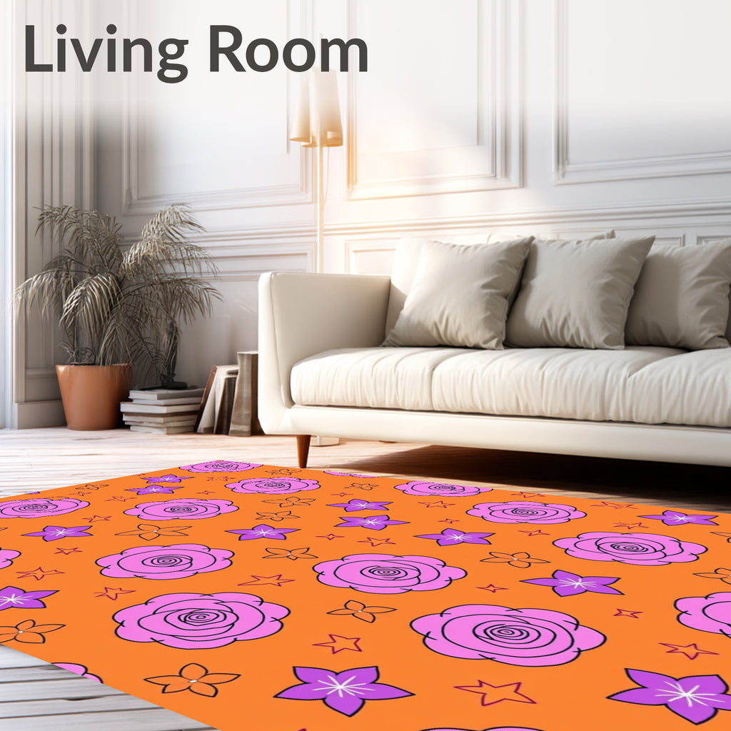 Pink Floral Blooms Orange Background Rug