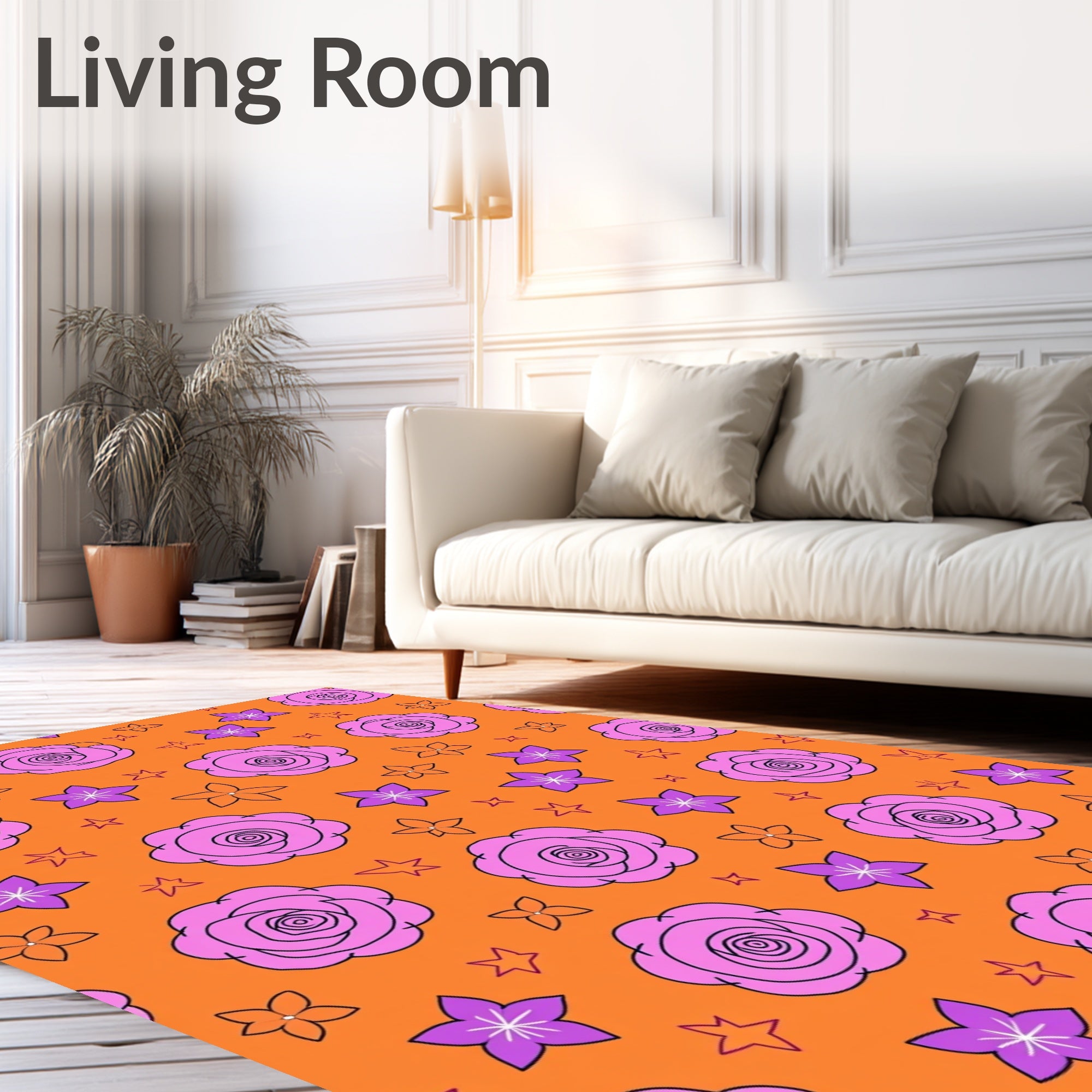 Pink Floral Blooms Orange Background Rug