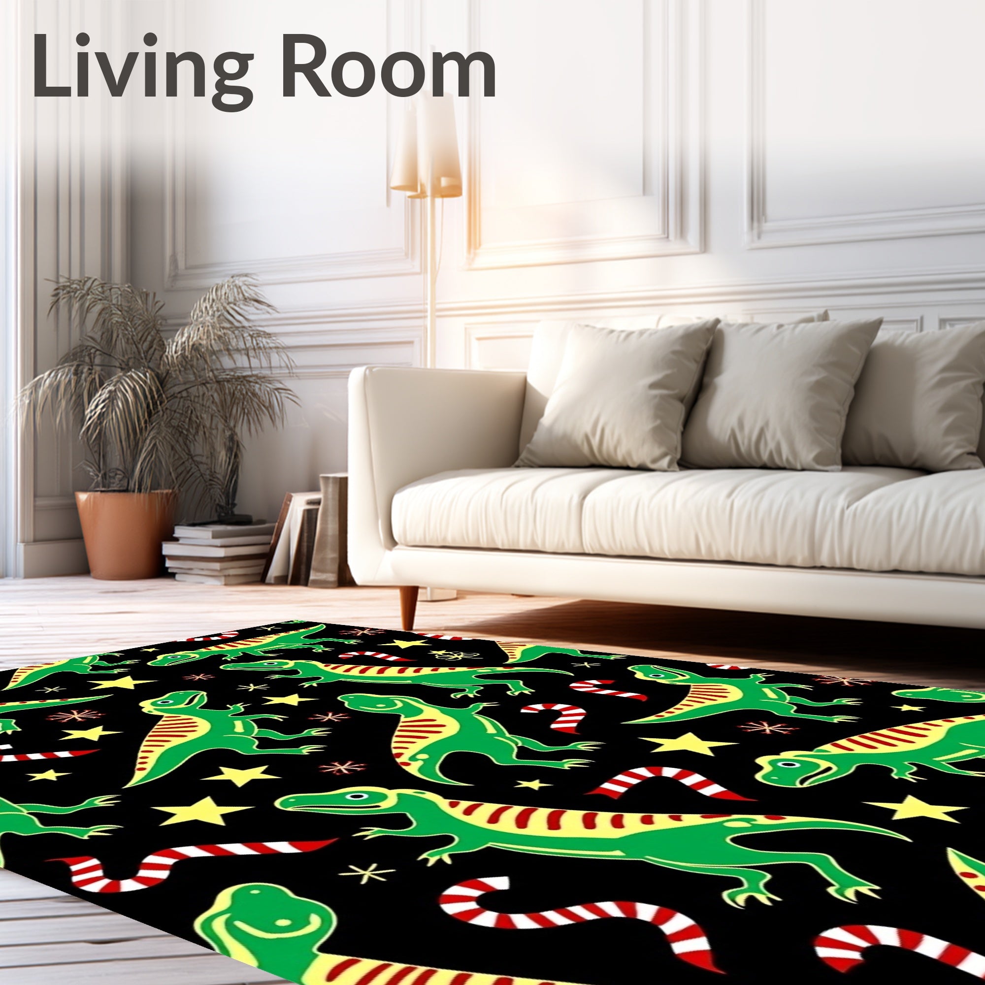 Green Dinosaur Candy Cane Stars Rug