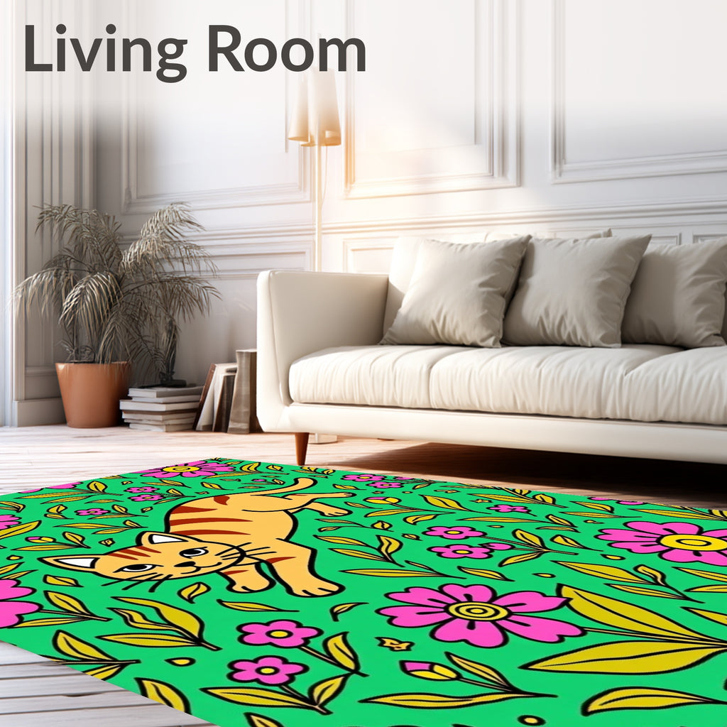 Whimsical Orange Cat Floral Meadow Rug