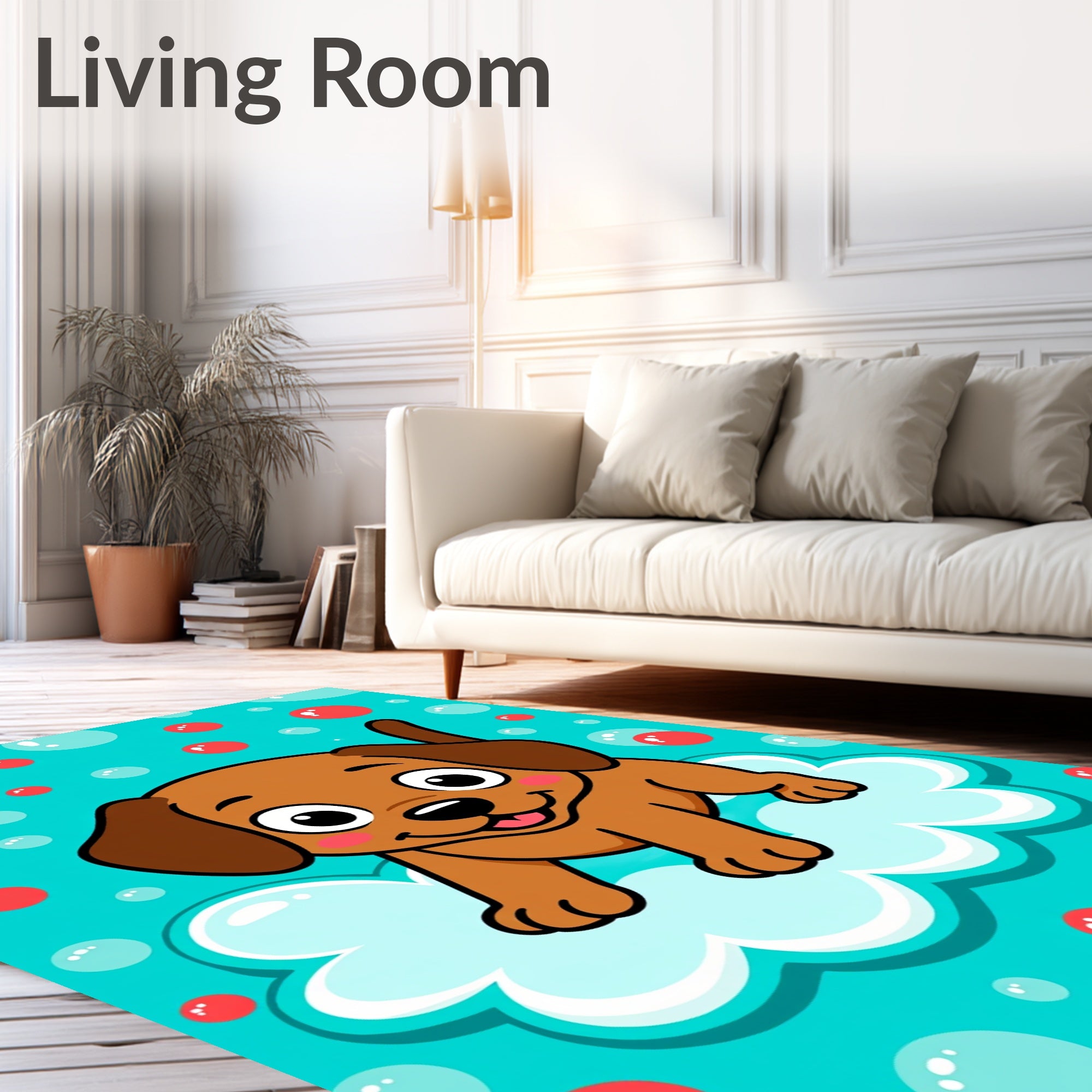 Happy Brown Puppy Cloud Bubbles Rug