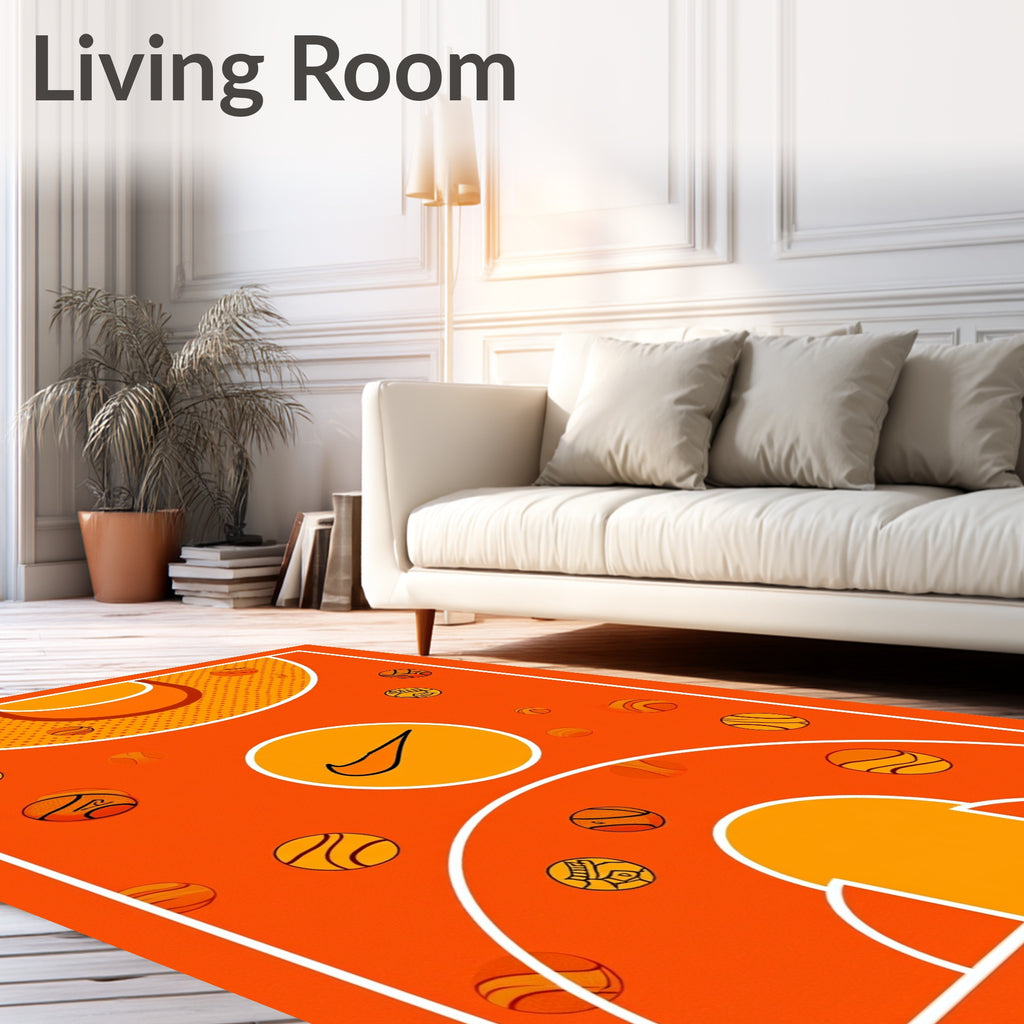 Orange Basketball Court Swoosh Balls Rug