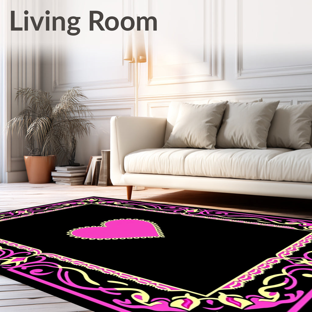 Vibrant Pink Yellow Floral Heart Border Rug