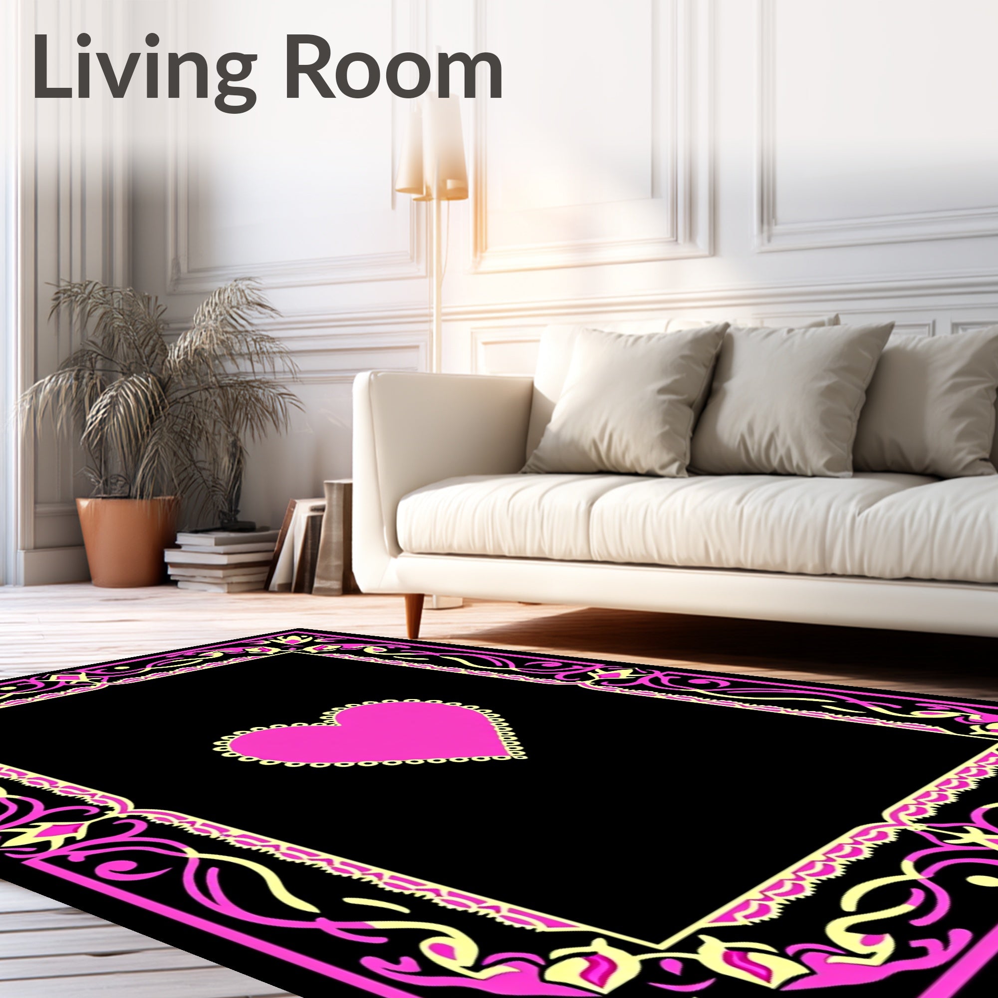 Vibrant Pink Yellow Floral Heart Border Rug