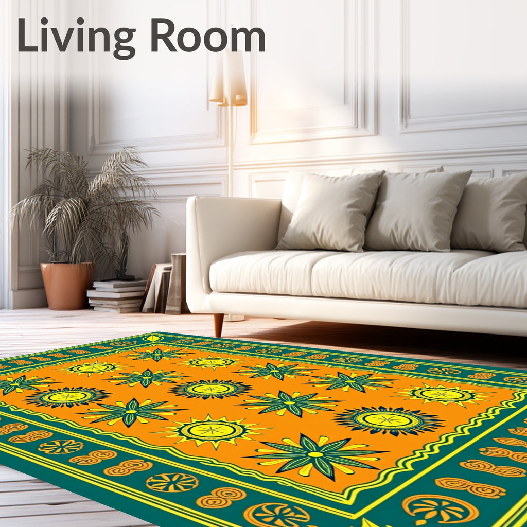 Teal Orange Floral Sunburst Rug