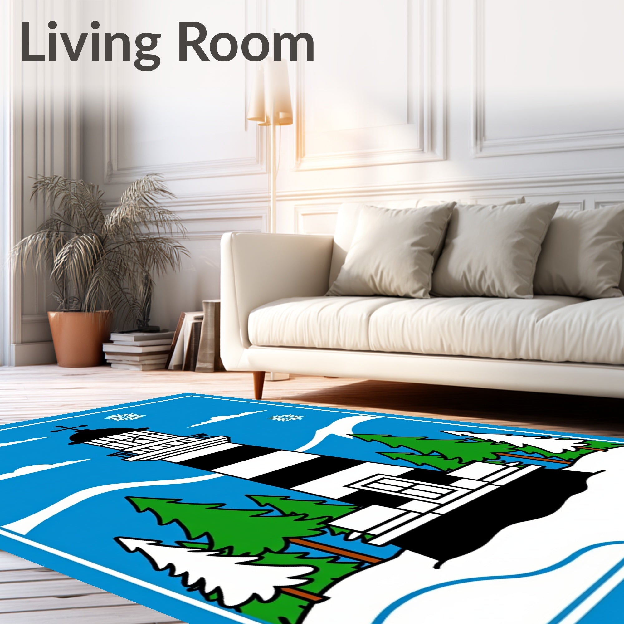 Coastal Winter Lighthouse Snowflakes Scene Rug