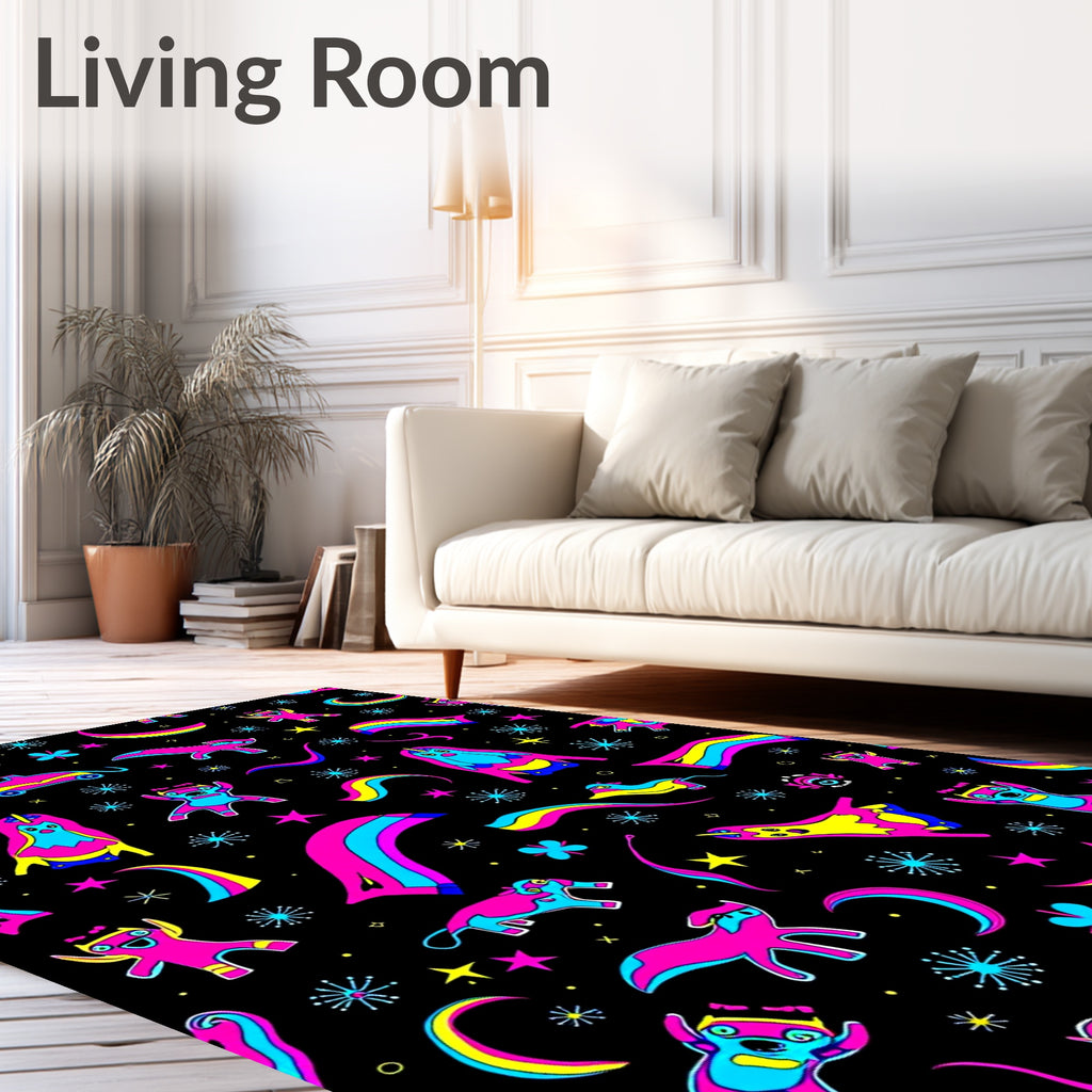 Surreal Neon Creatures and Cosmic Elements Rug