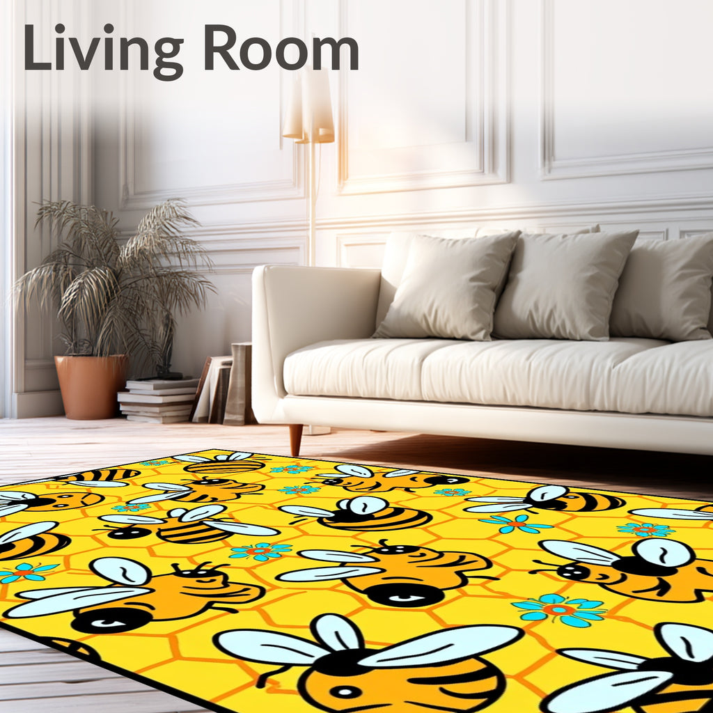 Whimsical yellow bees and flowers Rug