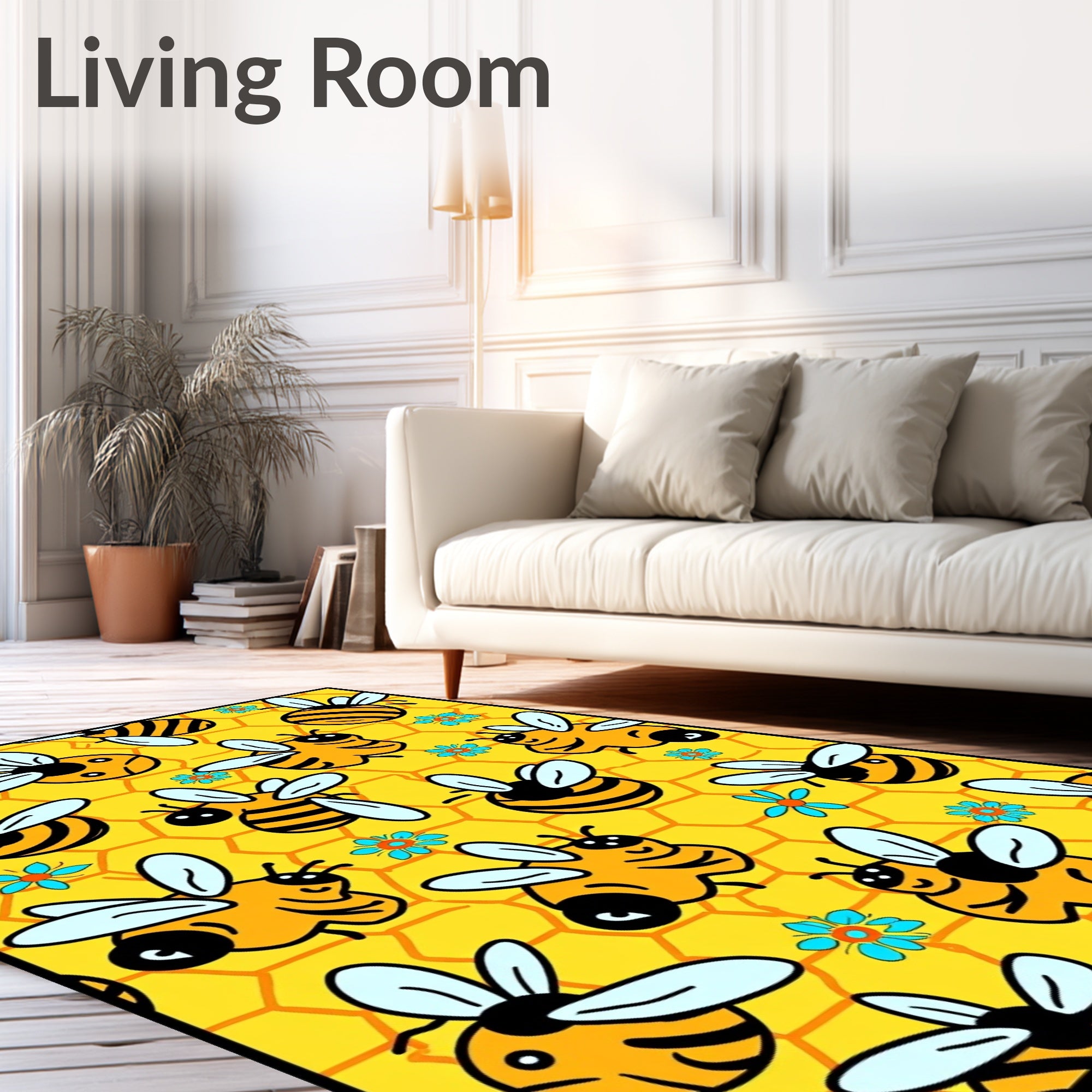 Whimsical yellow bees and flowers Rug