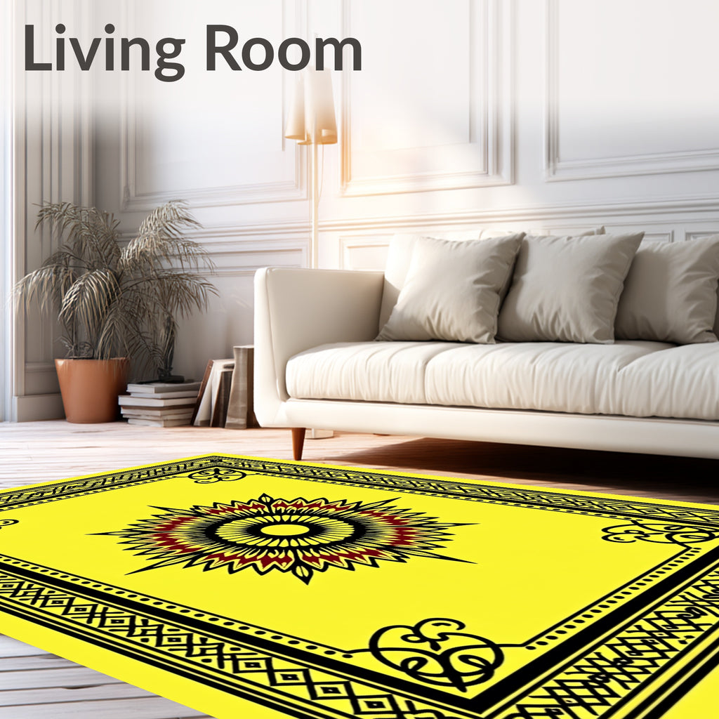 Yellow Black Red Sunburst Medallion Border Rug