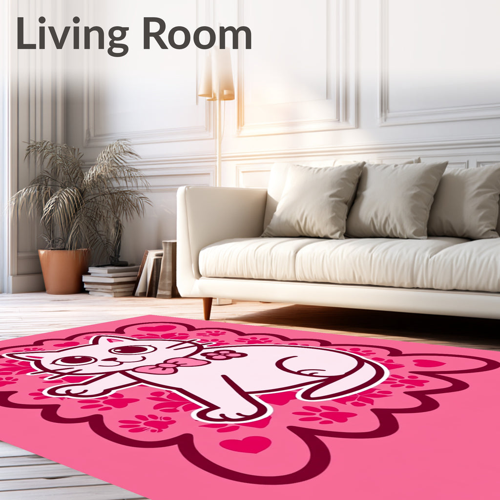 Cute Pink Cat Hearts Paw Prints Rug