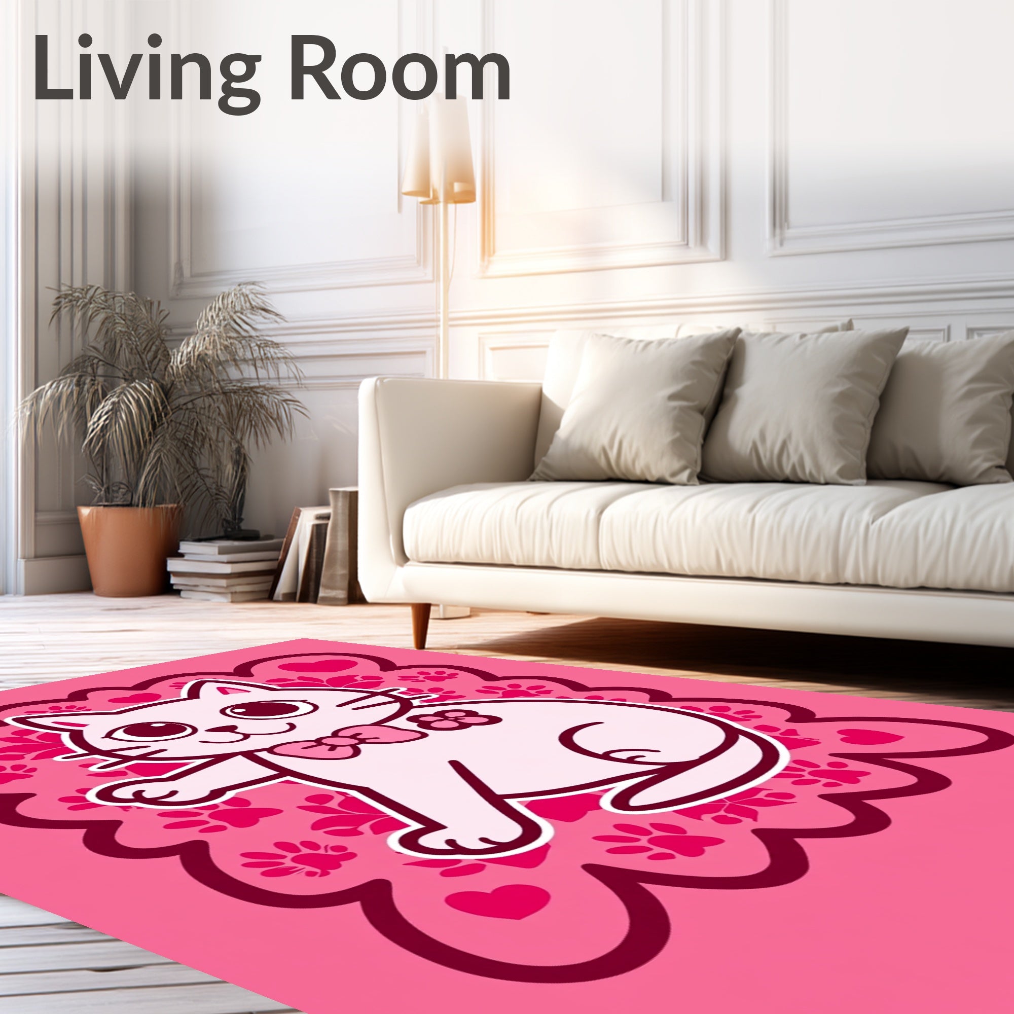 Cute Pink Cat Hearts Paw Prints Rug