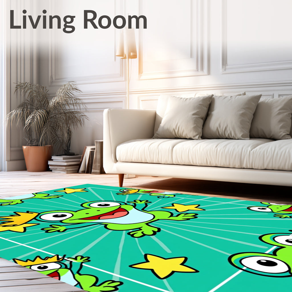 Happy Green Frog Crown Star Background Rug