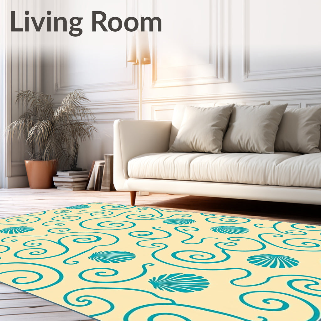 Teal Seashell Swirls Cream Rug