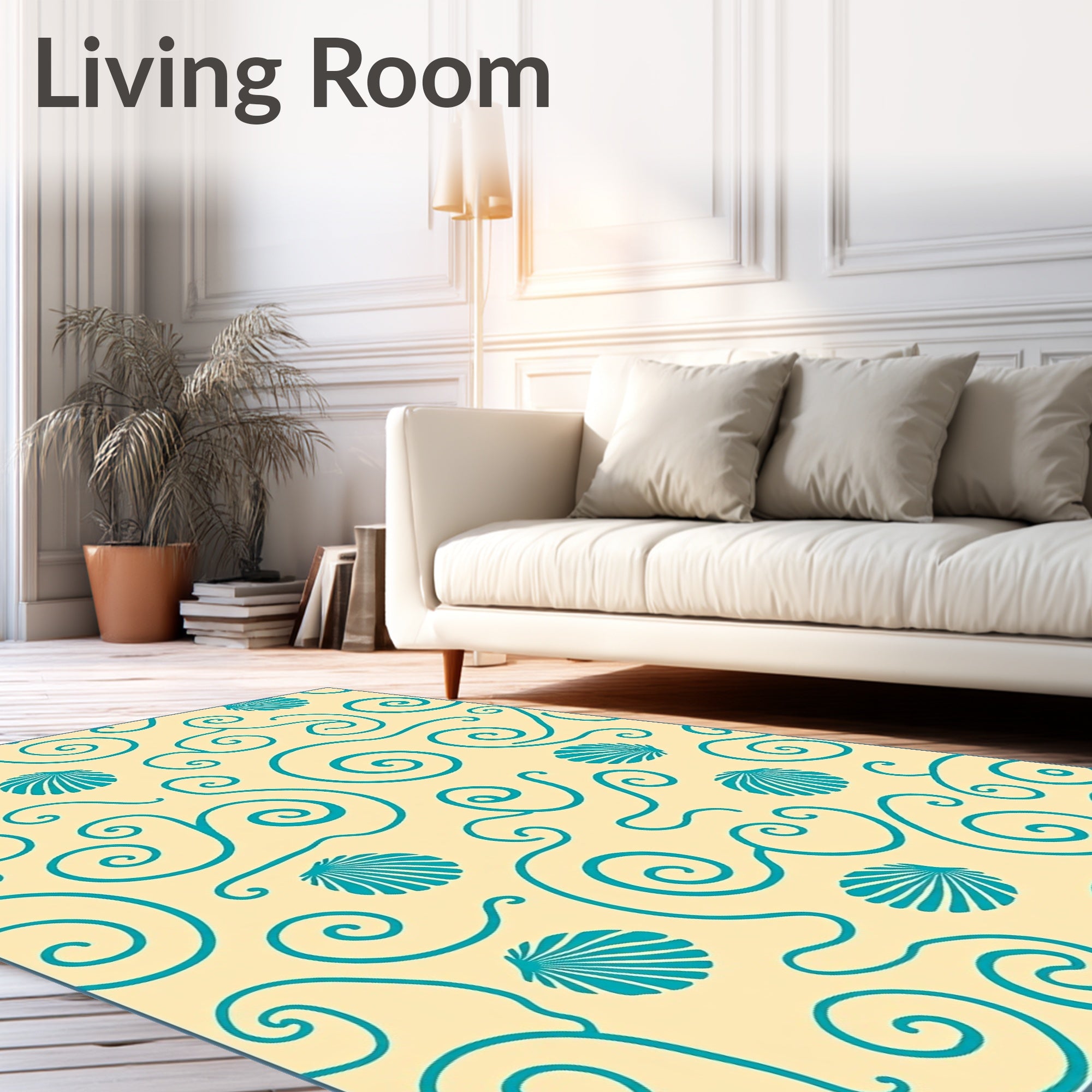Teal Seashell Swirls Cream Rug