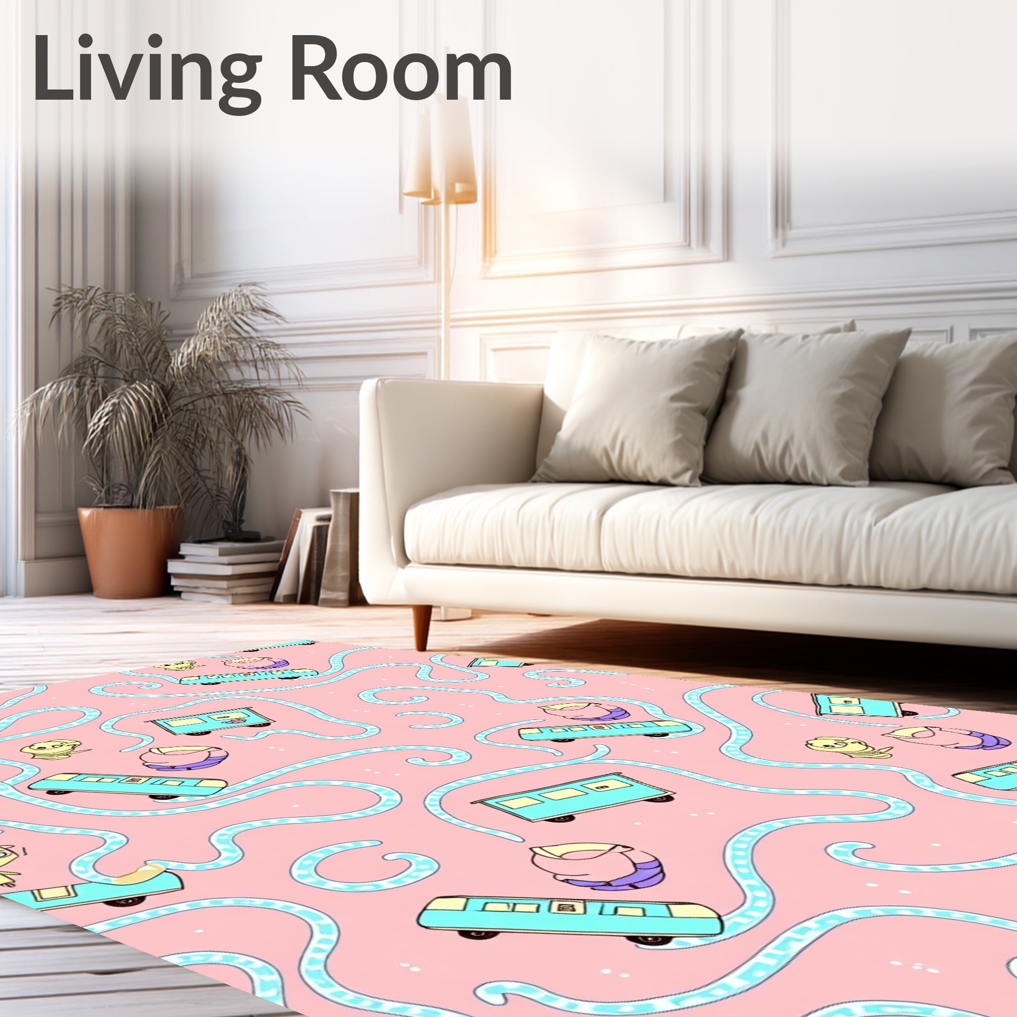 Whimsical Blue Train Pink Swirl Rug