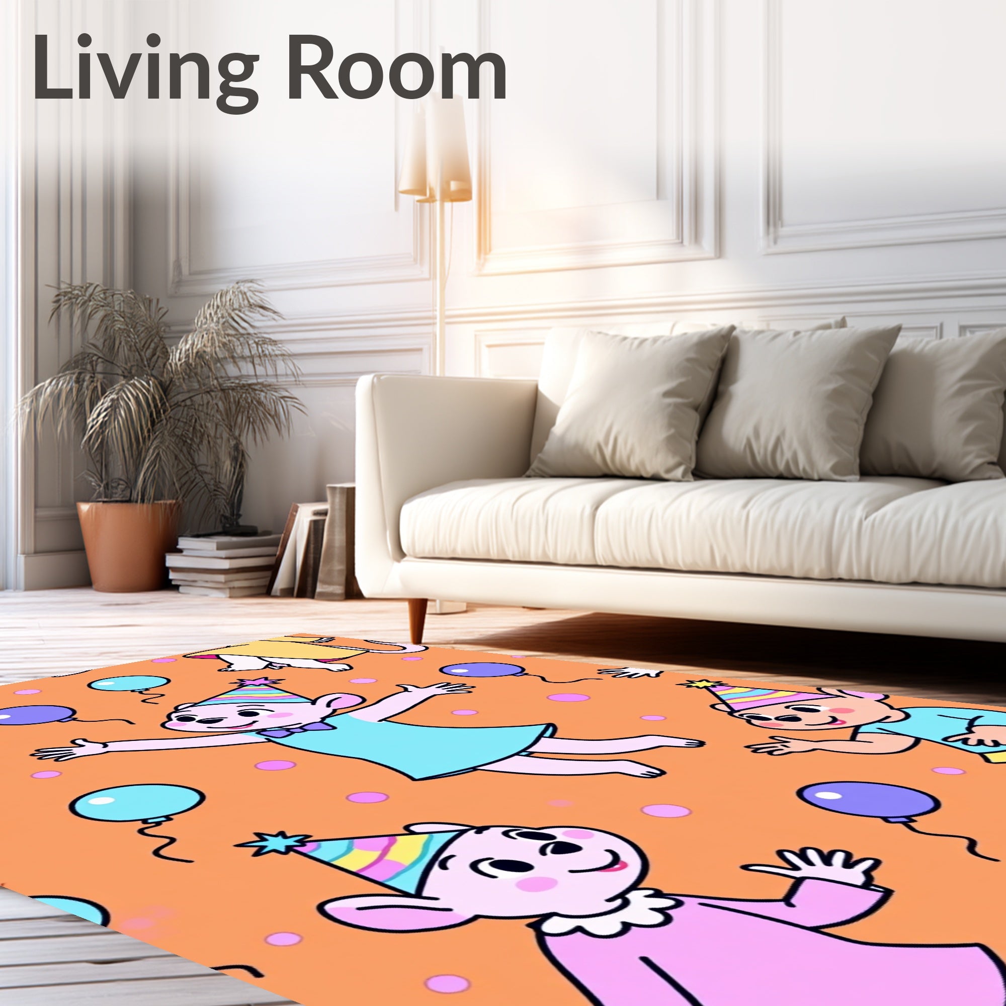 Whimsical Pink Mice Party Balloons Orange Rug
