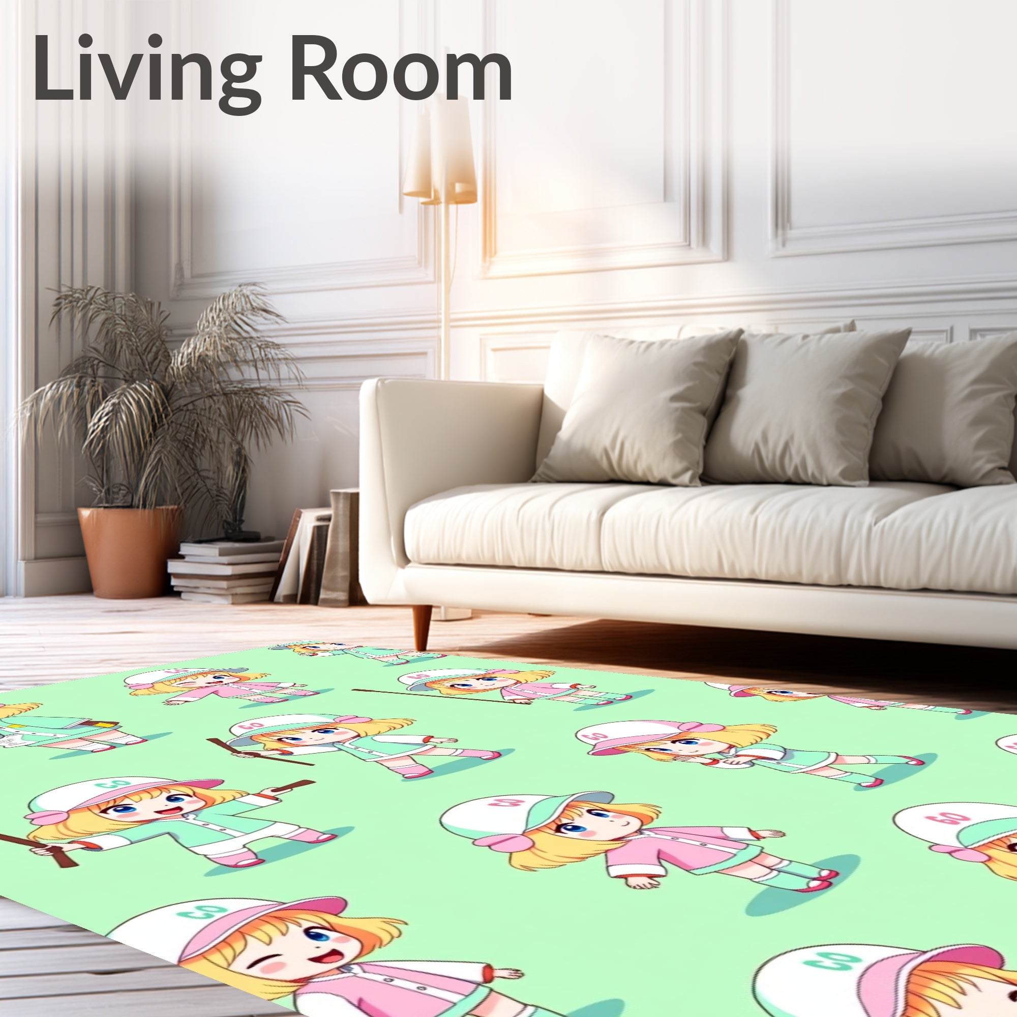 Cute Chibi Characters Mint Pink Rug