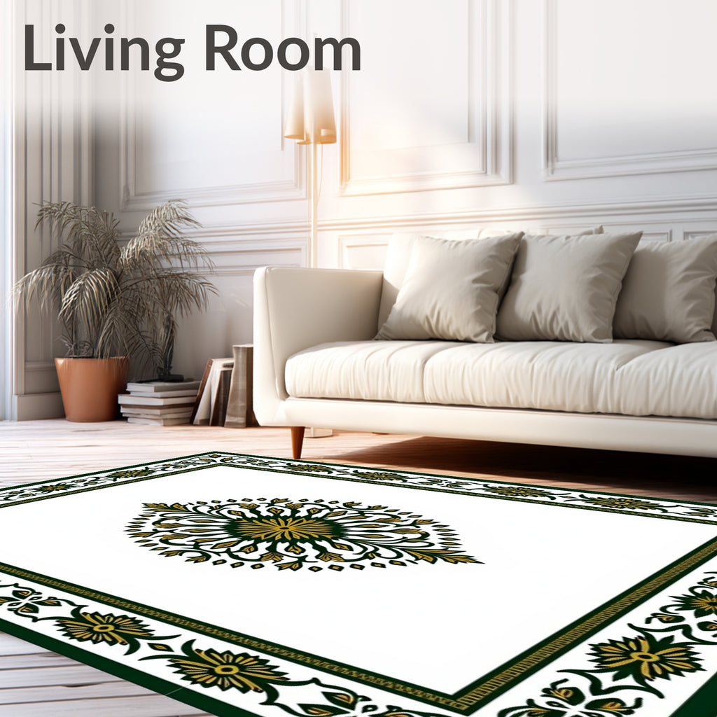 Gold Green Floral Symmetry Border Rug