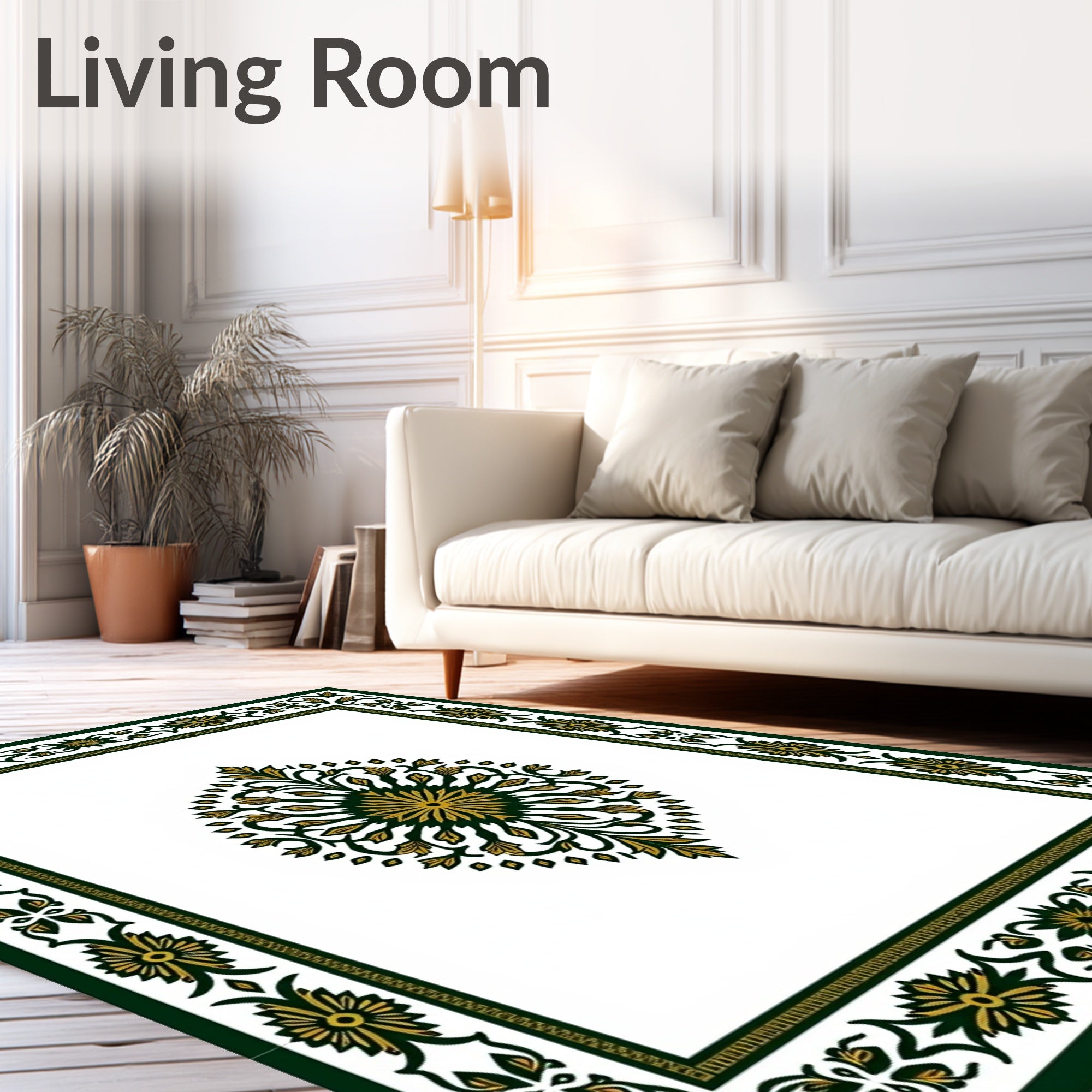 Gold Green Floral Symmetry Border Rug