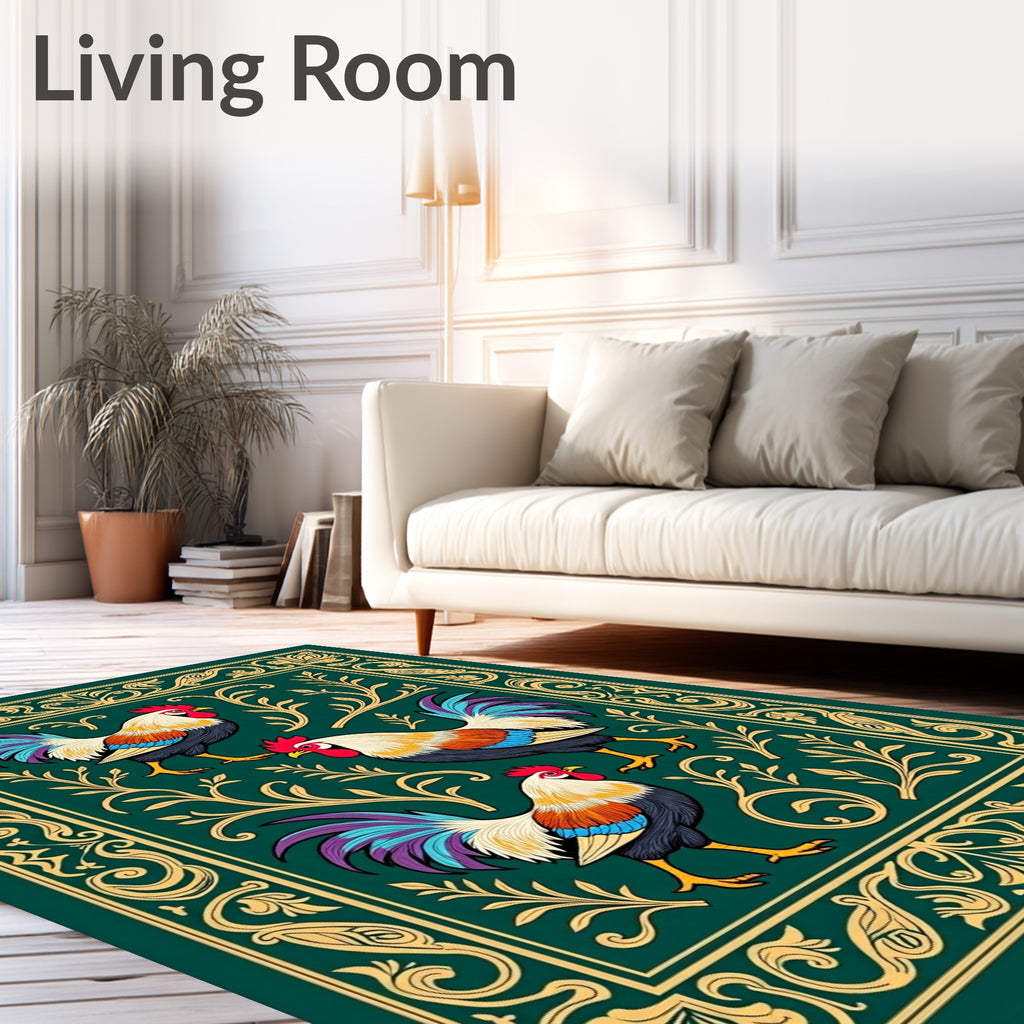Emerald Green Rooster Floral Border Rug