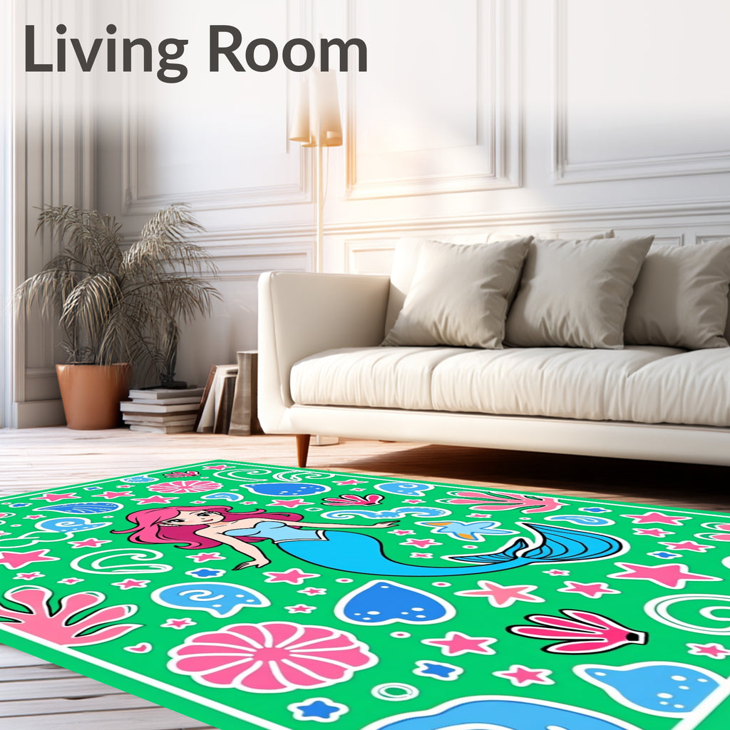 Pink Mermaid Ocean Stars Green Rug