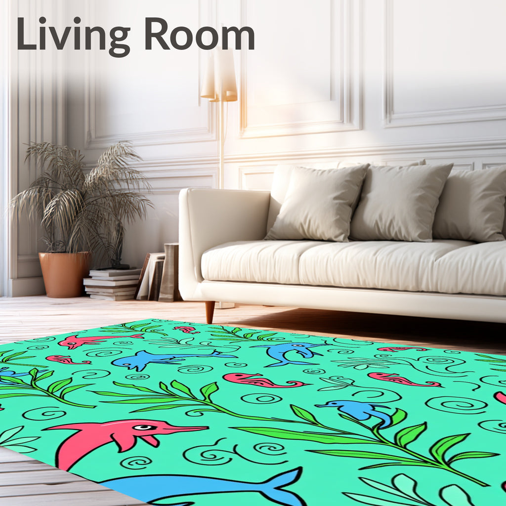 Playful Pink Blue Dolphin Seahorse Swirls Rug