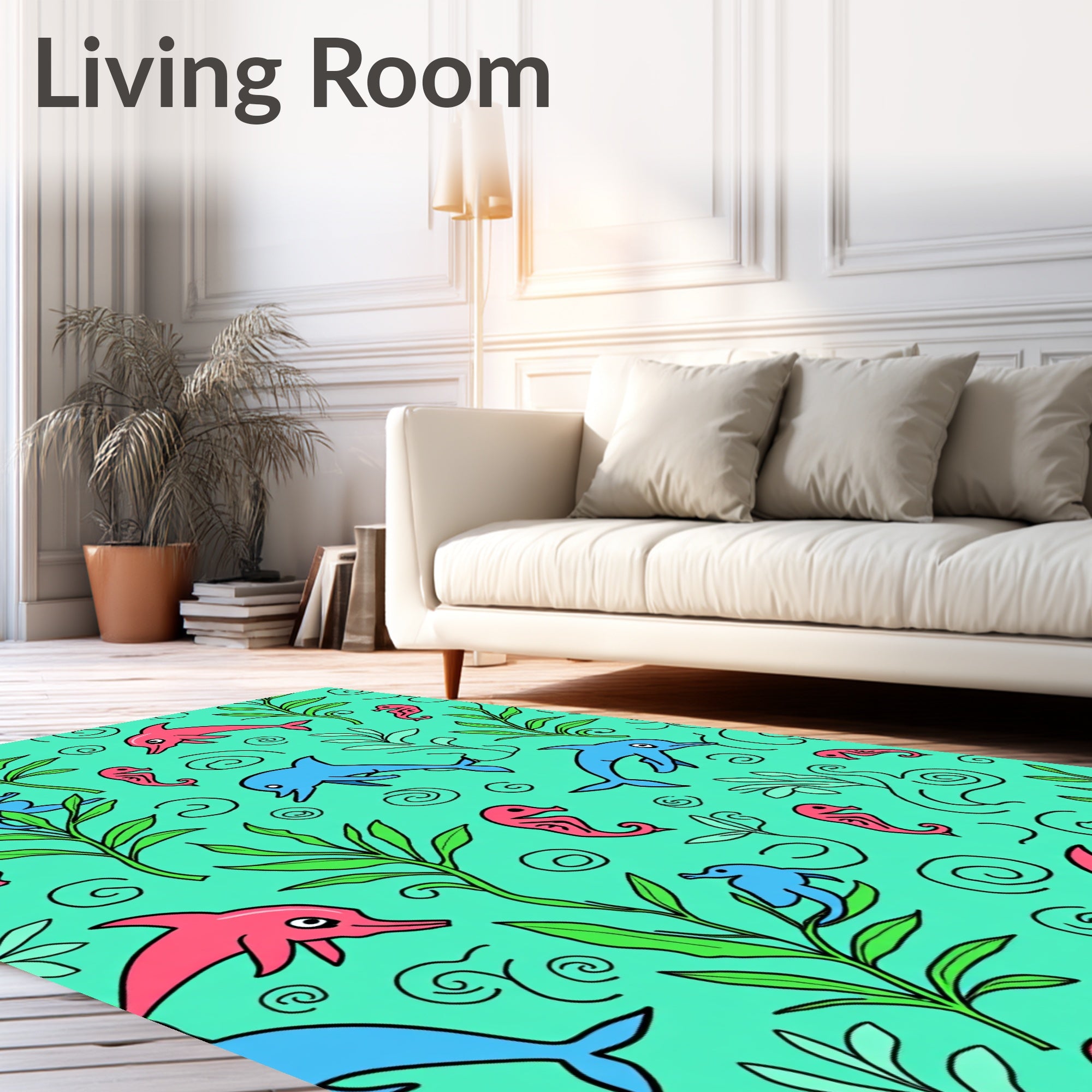 Playful Pink Blue Dolphin Seahorse Swirls Rug
