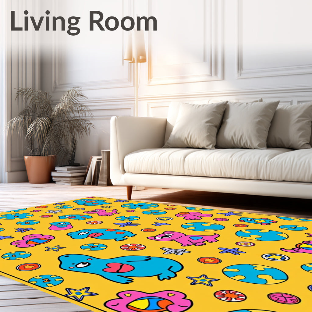 Playful Blue Pink Creatures Yellow Ground Rug