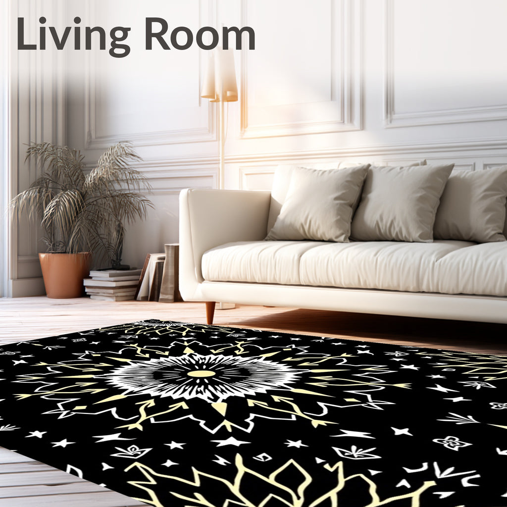 Black Yellow White Sunburst Mandala Rug
