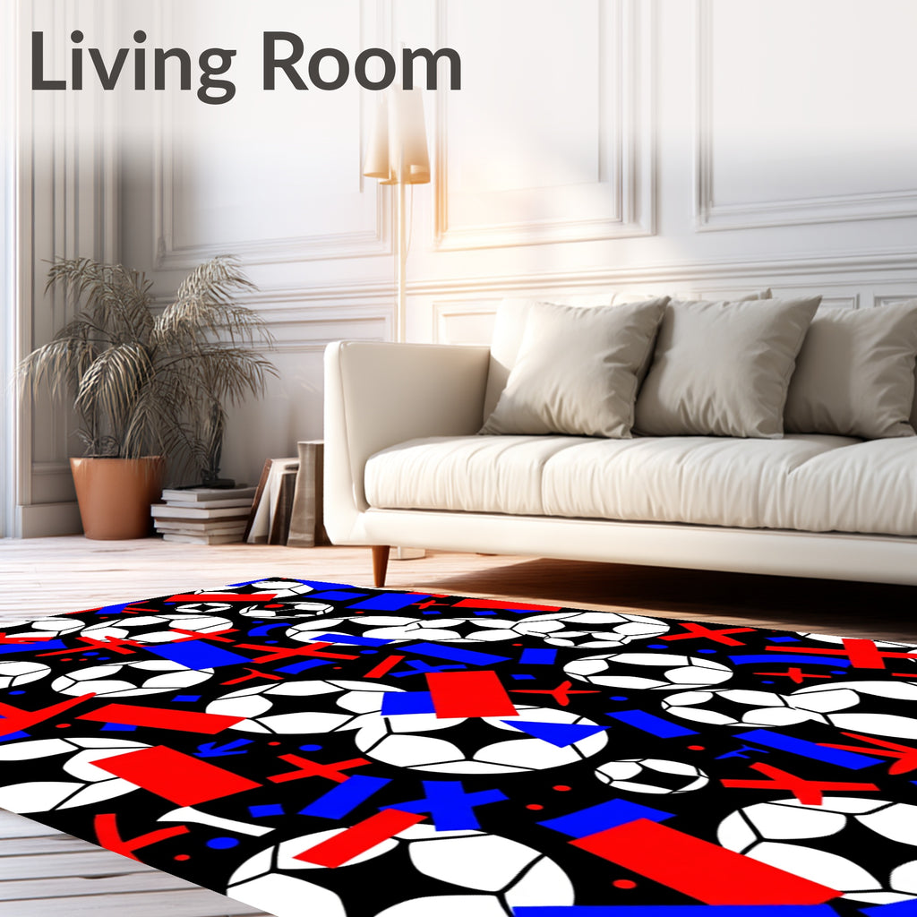 Red Blue Soccer Ball Collage Rug