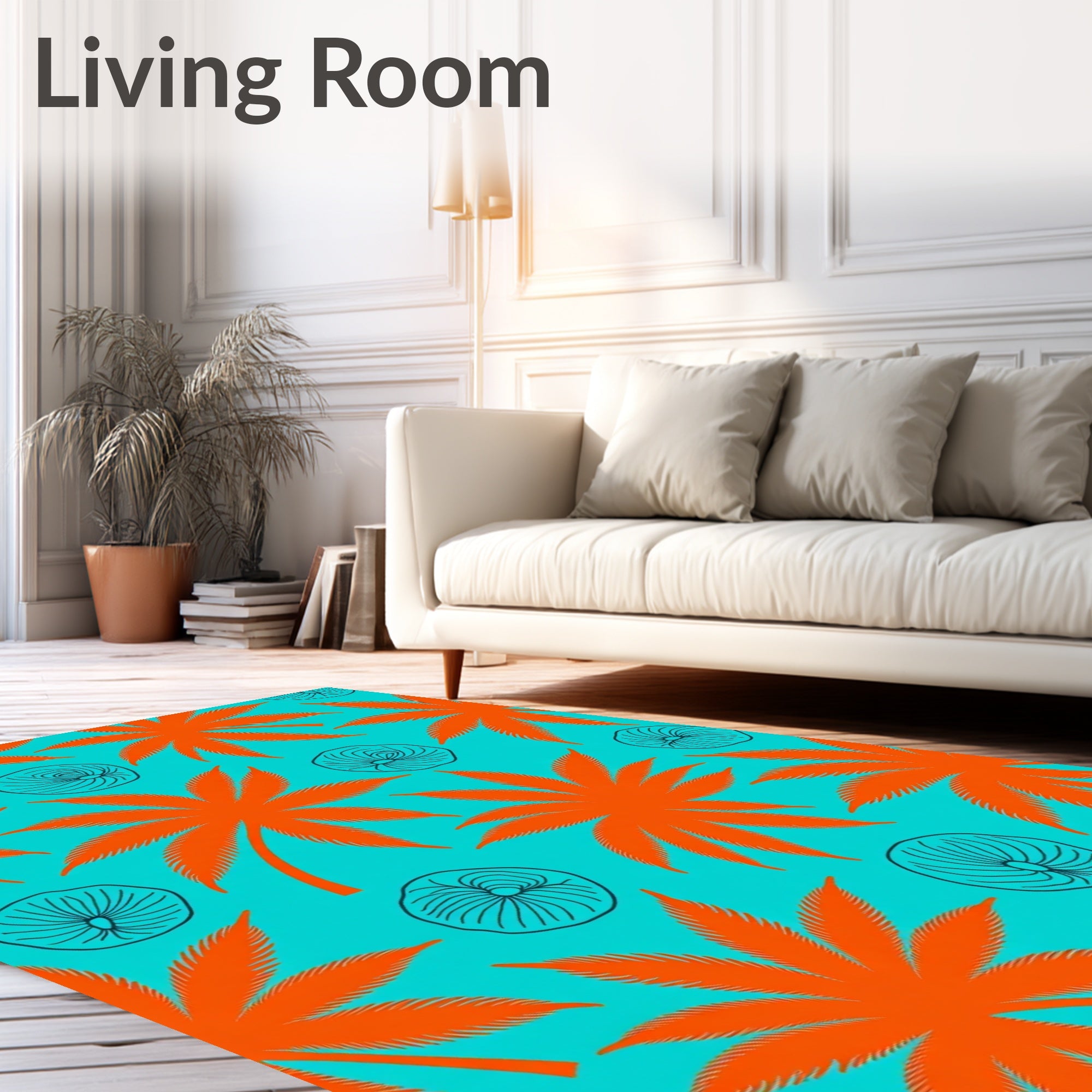 Vibrant Orange Palm Leaves Aqua Rug