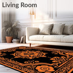 Elegant Orange Floral Medallion Black Rug