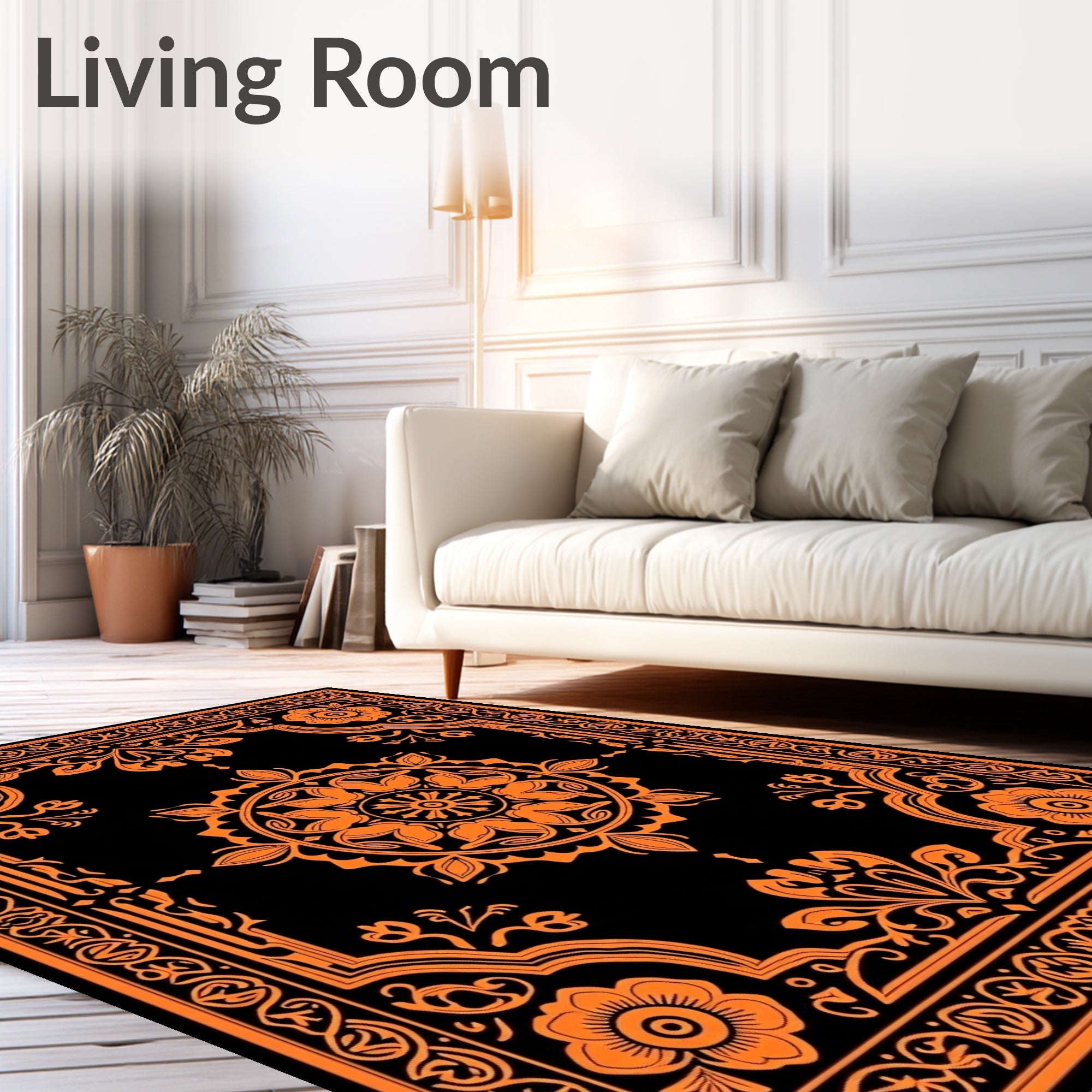 Elegant Orange Floral Medallion Black Rug