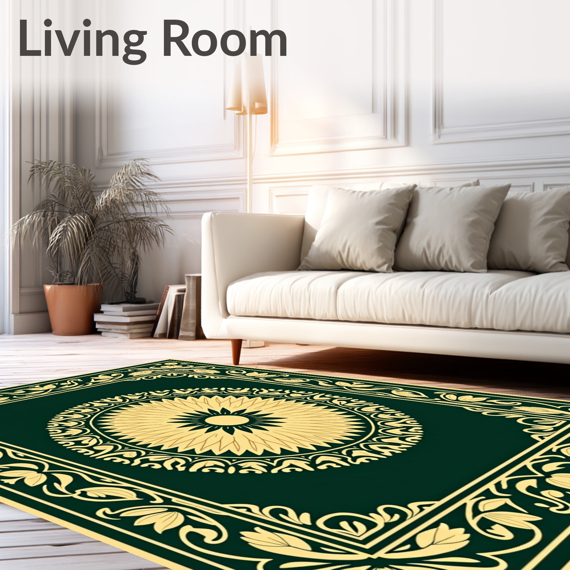 Green and Gold Floral Medallion Border Rug