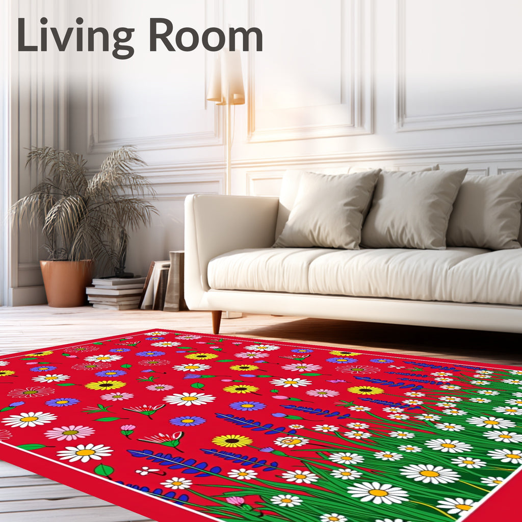 Whimsical Red Daisy Meadow Garden Rug