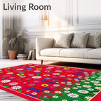 Whimsical Red Daisy Meadow Garden Rug