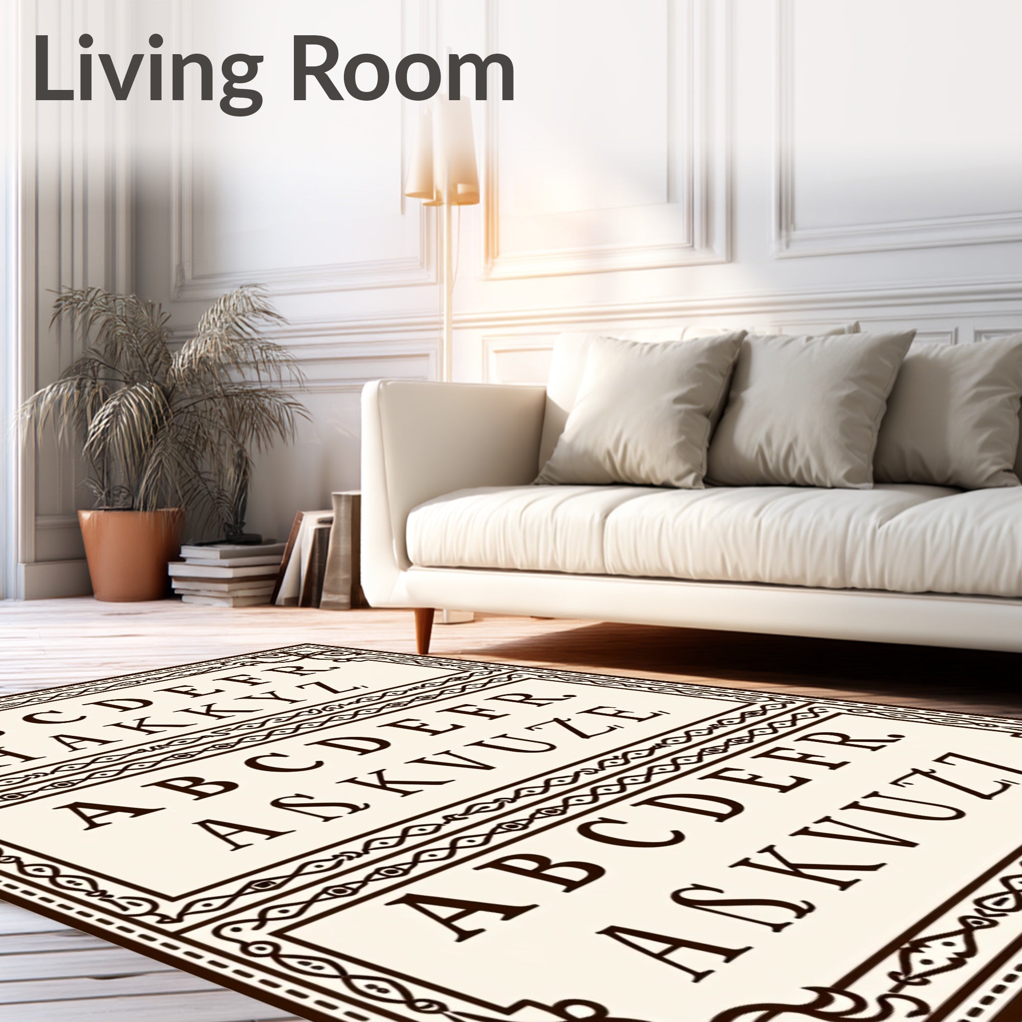 Ornate Sepia Typography Border Rug