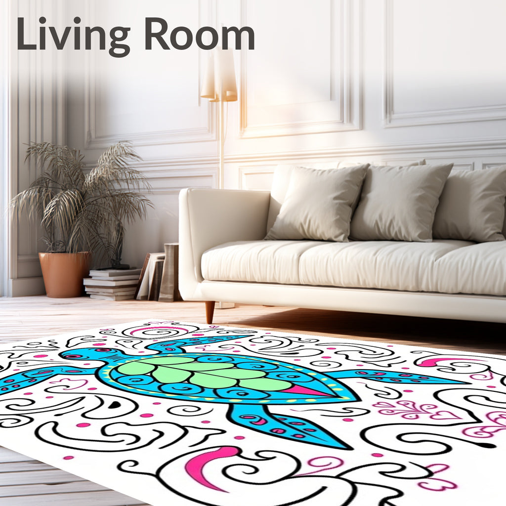 Vibrant Teal Turtle Swirls Pink Accents Rug