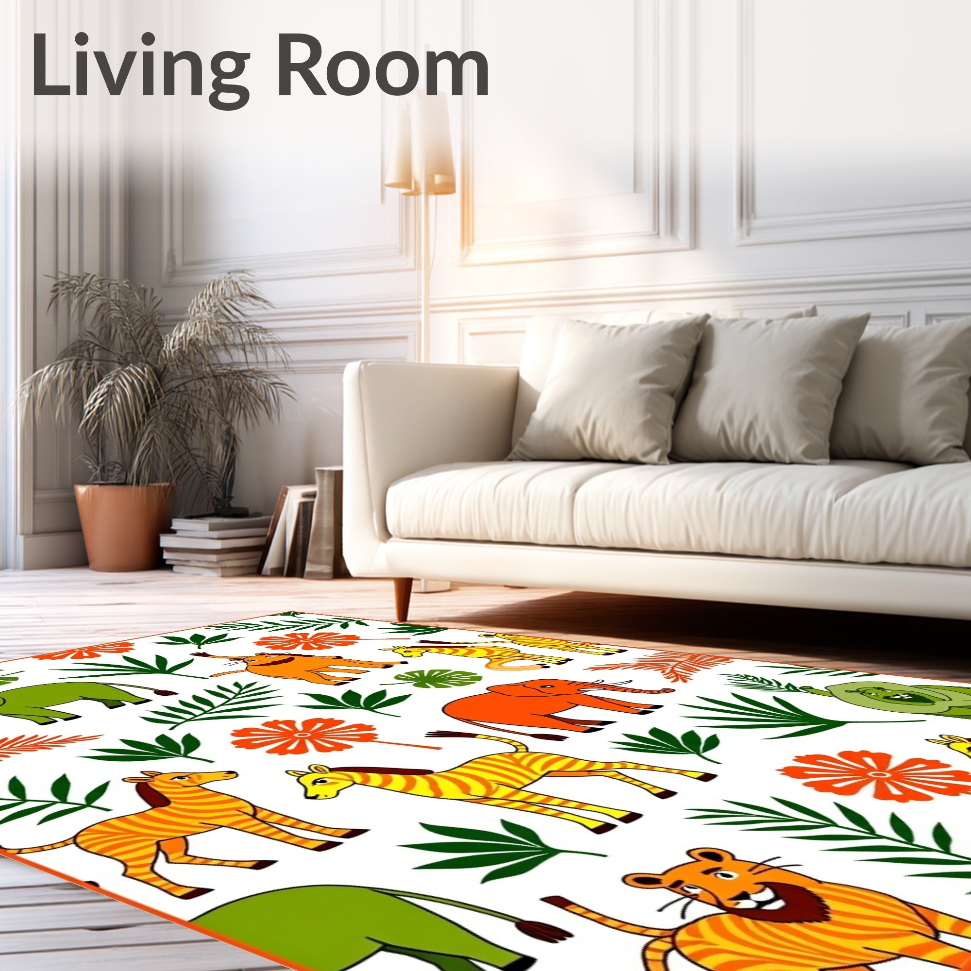 Playful Safari Animals Orange Green Zebras Rug