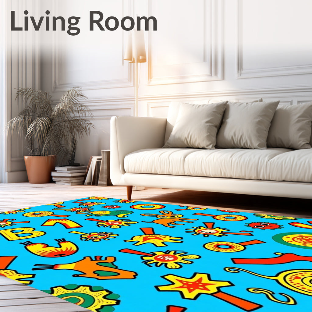 Whimsical Yellow Blue Character Collage Rug