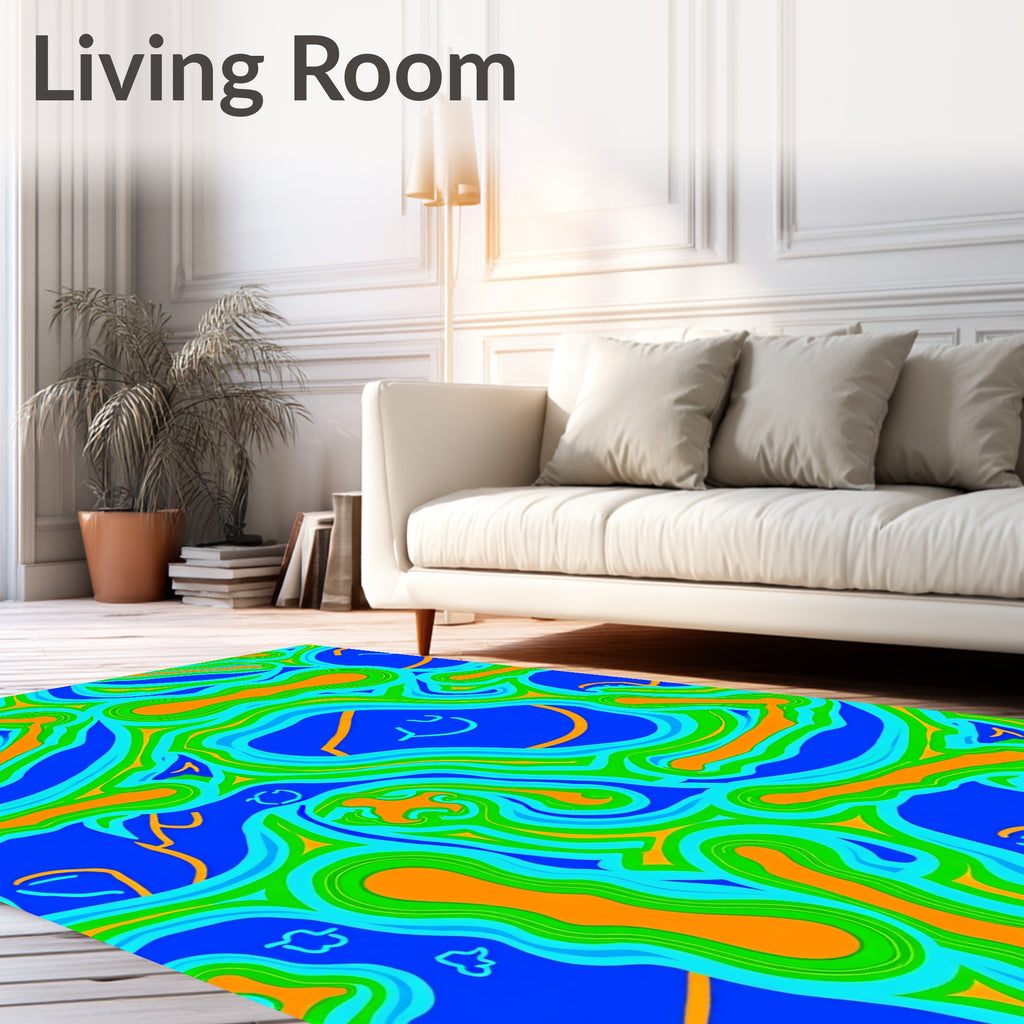 Vibrant Abstract Blue Orange Green Waves Rug