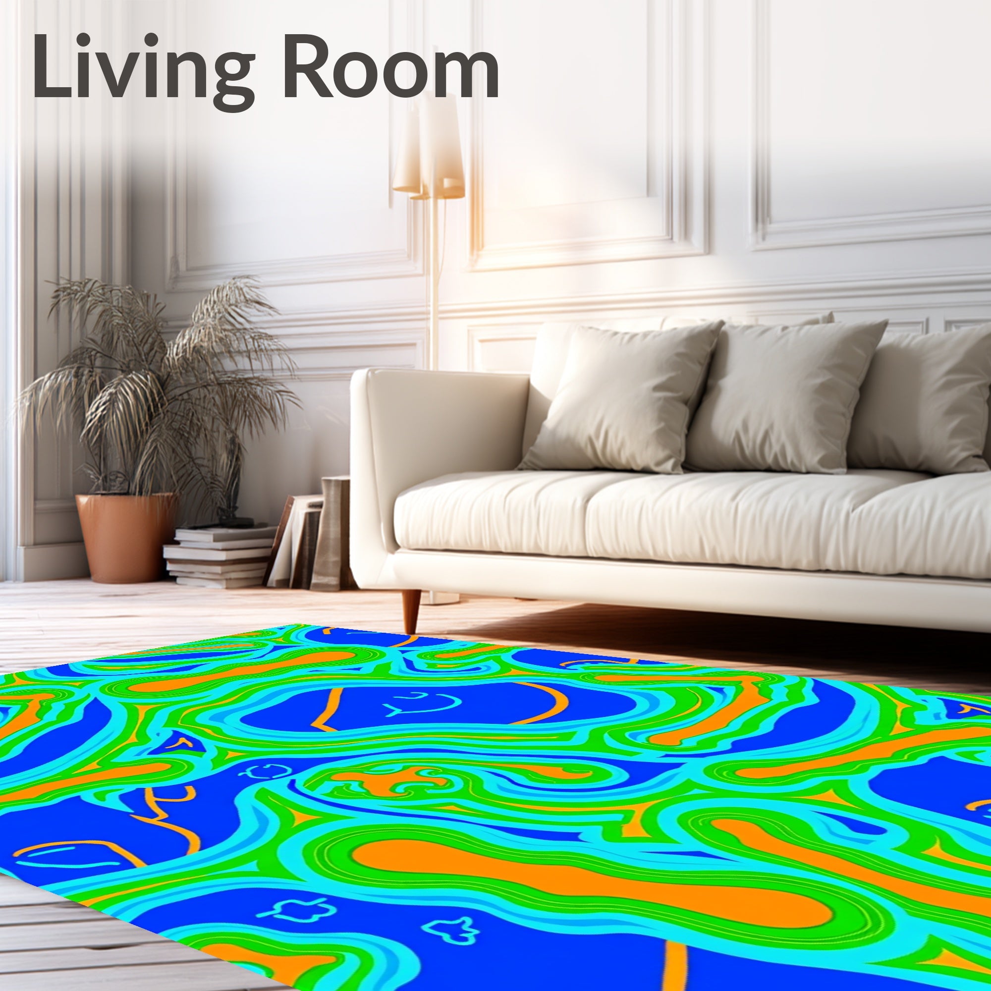 Vibrant Abstract Blue Orange Green Waves Rug