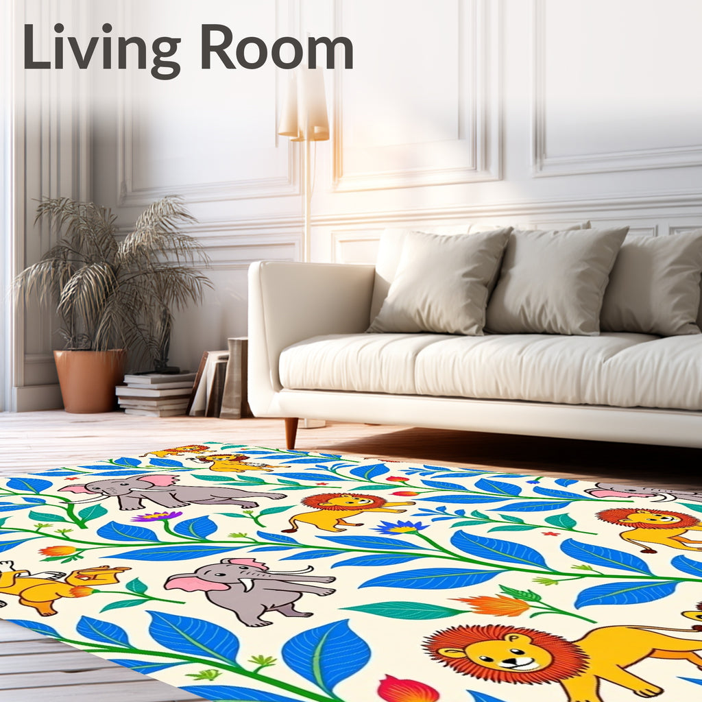 Whimsical Jungle Animals Blue Foliage Rug