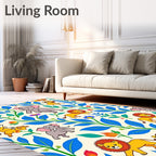 Whimsical Jungle Animals Blue Foliage Rug